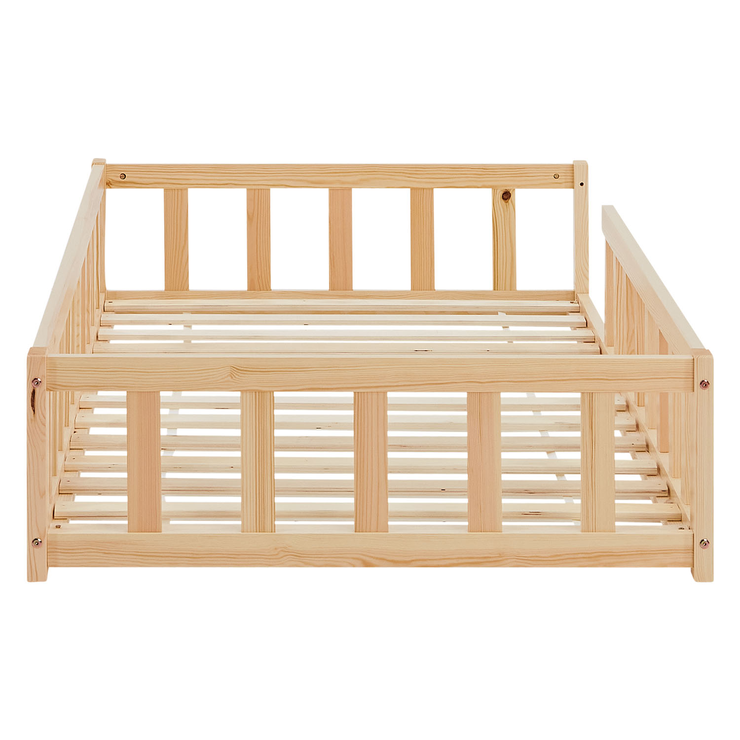 Children's Bed 90x200 Natural | Floor Bed with Mattress & Slatted Frame | with Fall Protection | Montessori