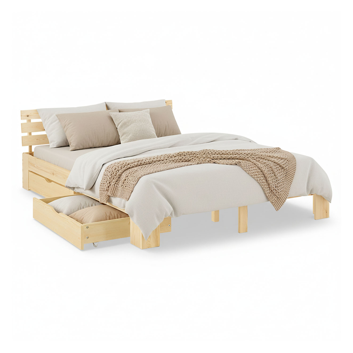 Wood Bed 140x200 cm Natural | Double Bed | with Spring Mattress | 2 Drawers | Youth Guest Bedroom