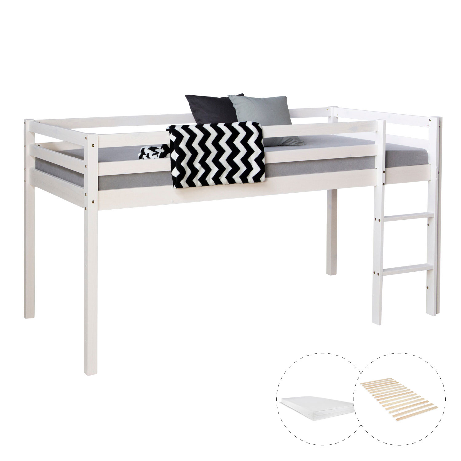 Loft Bed with Mattress Slatted Frame 90x200 cm Children's Bed Bunk Bed White