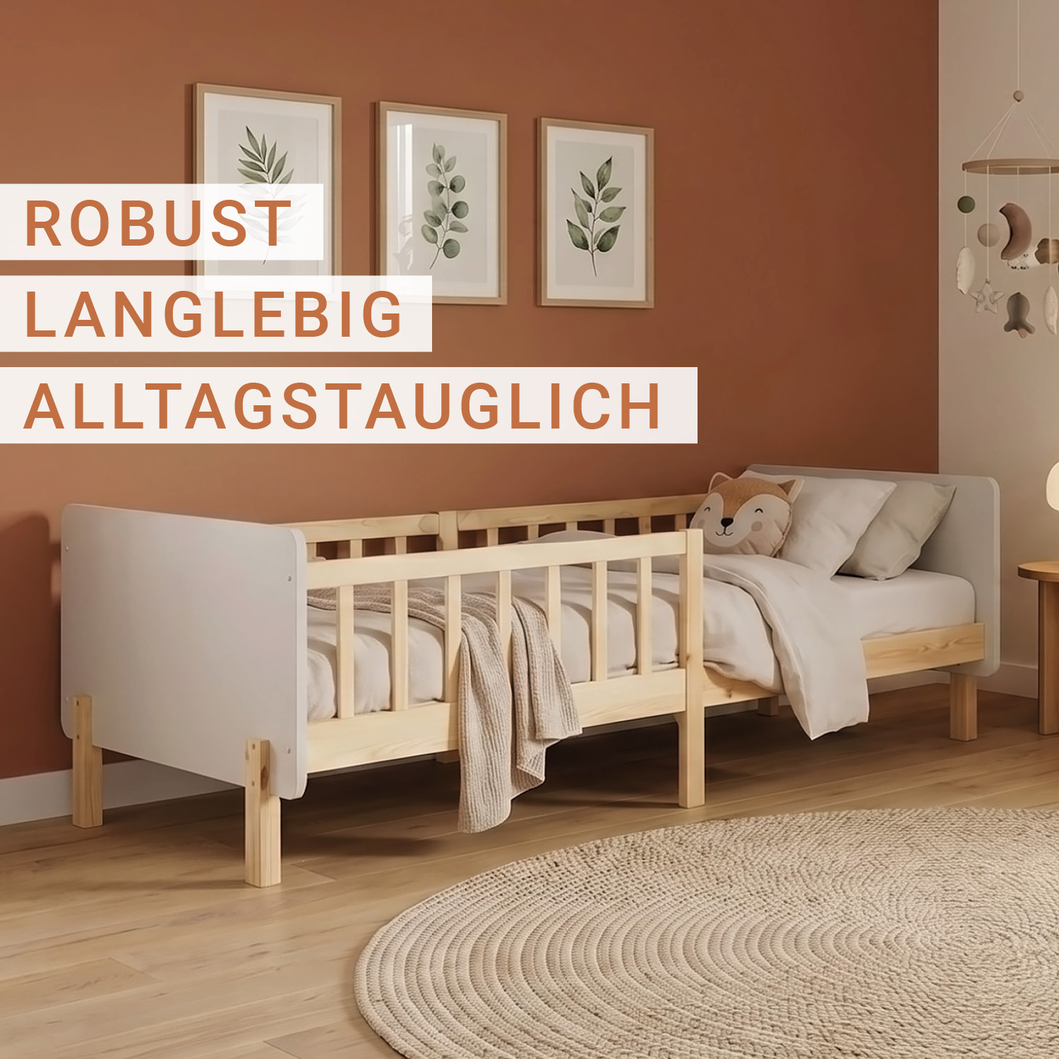 Single bed 90x200 cm White with Mattress Wooden Bed frame Toddler bed with safety rail Kids bed Childrens bed Slatted frame