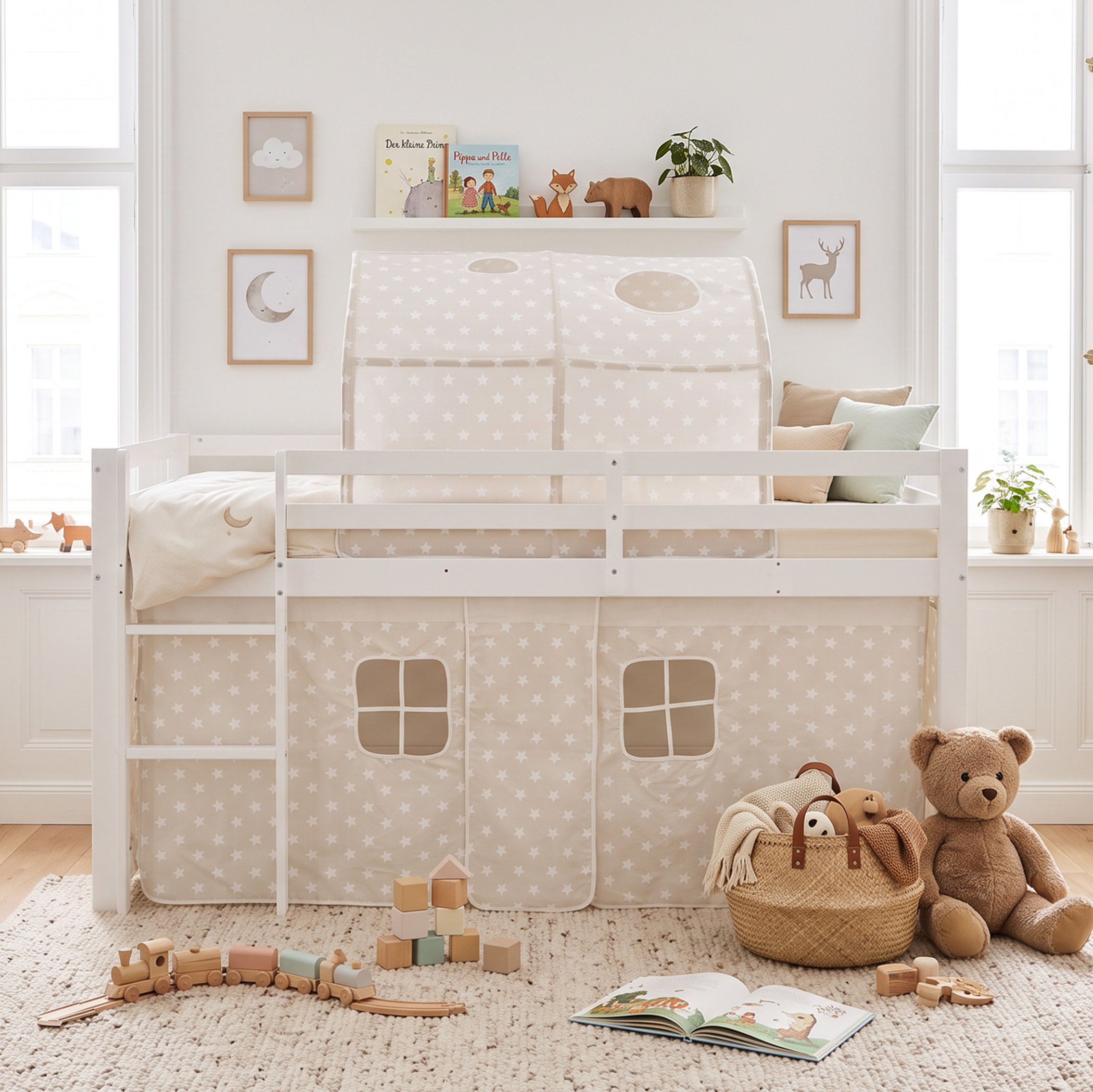 Children's Loft Bed 90x200 cm White with Star Curtain | Tower | with Slatted Base