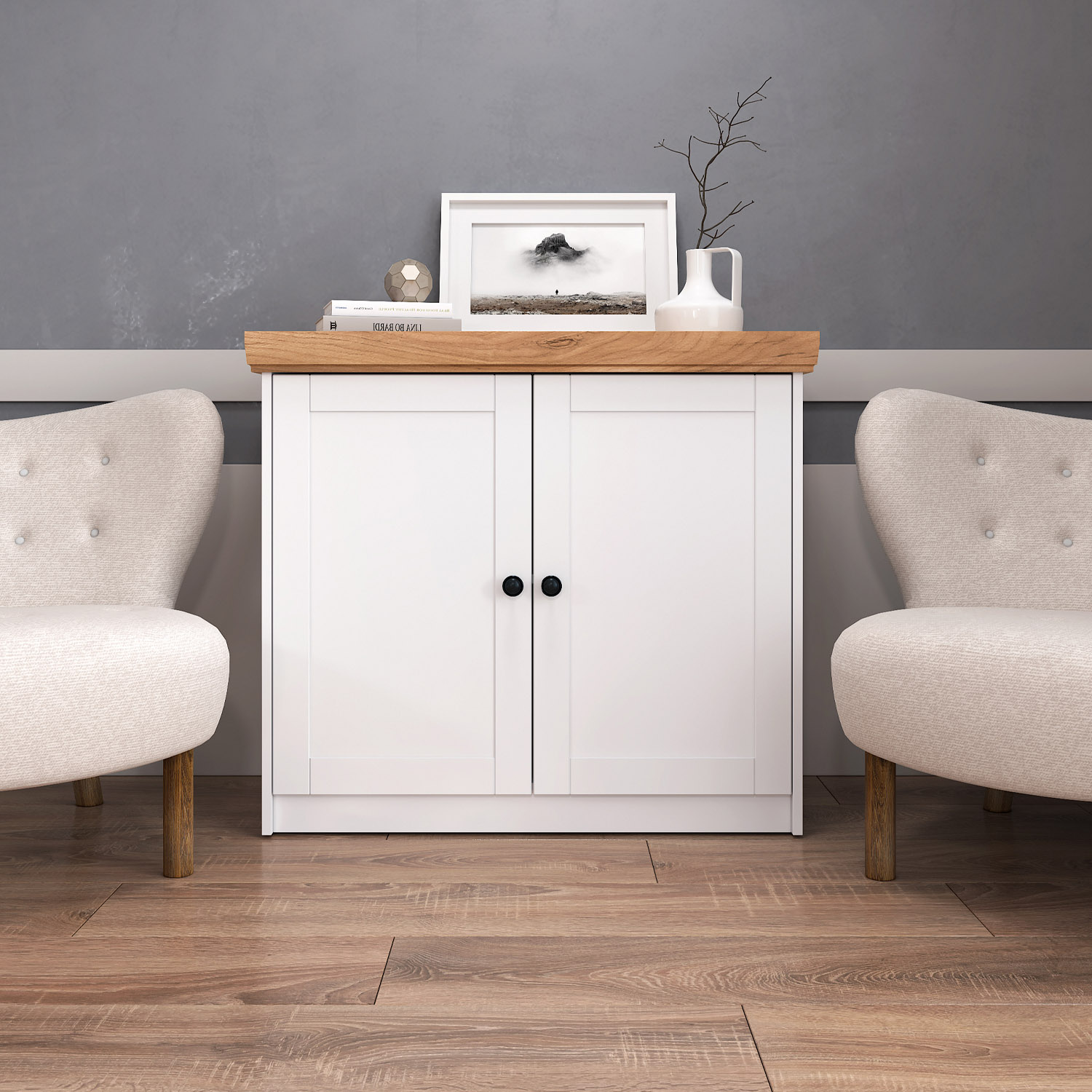 Kommode Weiß mit Eiche 2-türig – Stauraum-Sideboard im Landhausstil