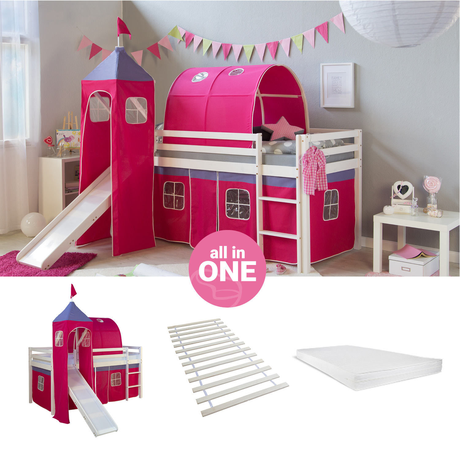 Loftbed 90x200 cm with Tower Tunnel Slide Mattress Bunk bed Childrens bed Solid Pine Wood Slats Curtain Pink