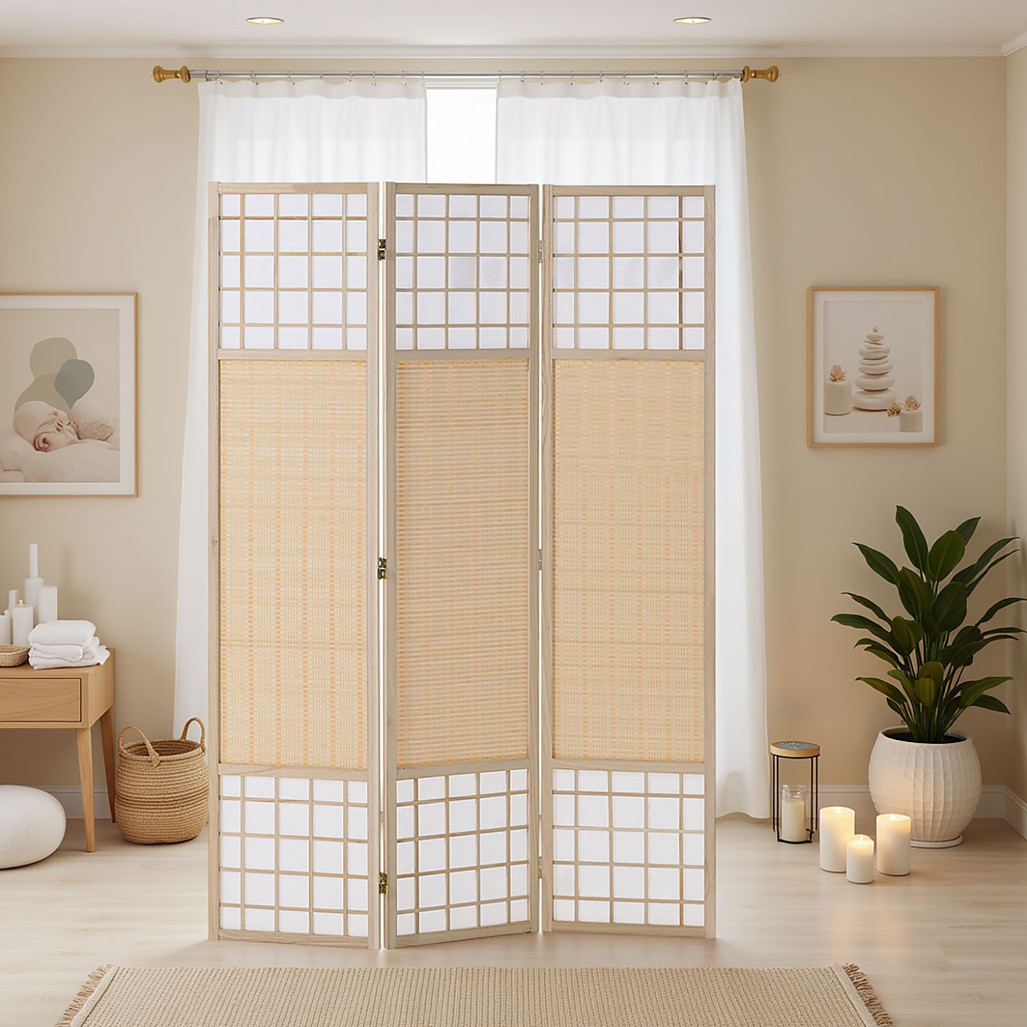 Paravent in Naturholzfarbe mit Elementen aus Bambus, 3 beweglichen Elementen, Lamellendesign und Shoji-Design. Der Artikel ist freigestellt auf weißem Hintergrund abgebildet. Sichtbare Details sind mehrere gelenkig verbundene Paneele.