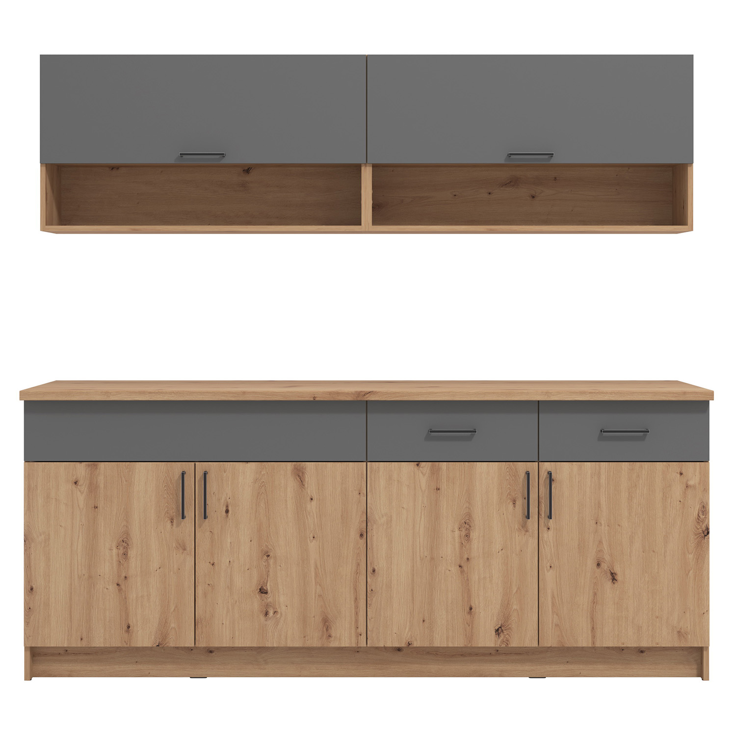 Moderne Küche Holz Eiche 200 cm Küchenzeile ohne Geräte Grau Einbauküche Singleküche Küchenschränke