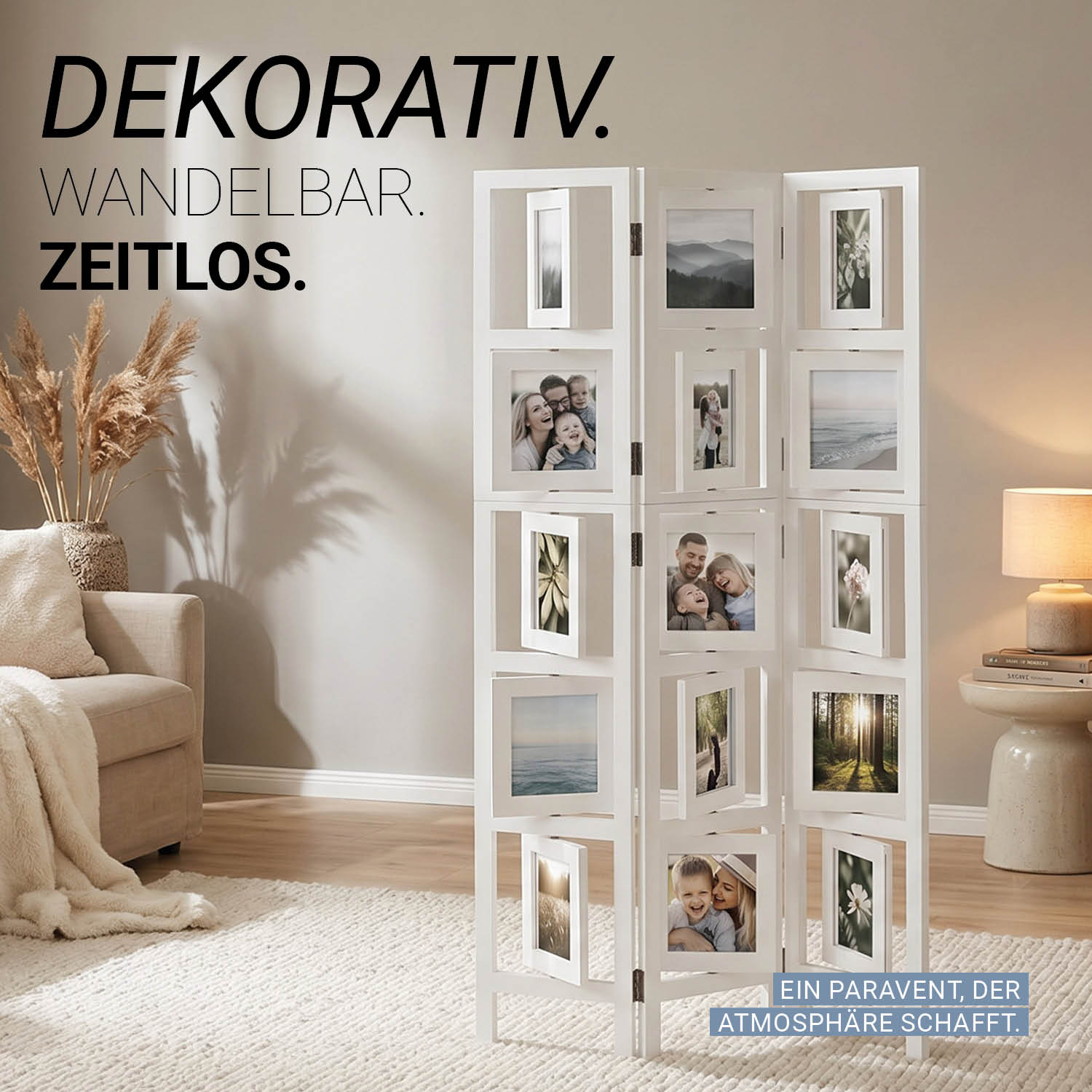 White 3-panel folding screen with photo prints – Modern room divider & decorative privacy screen