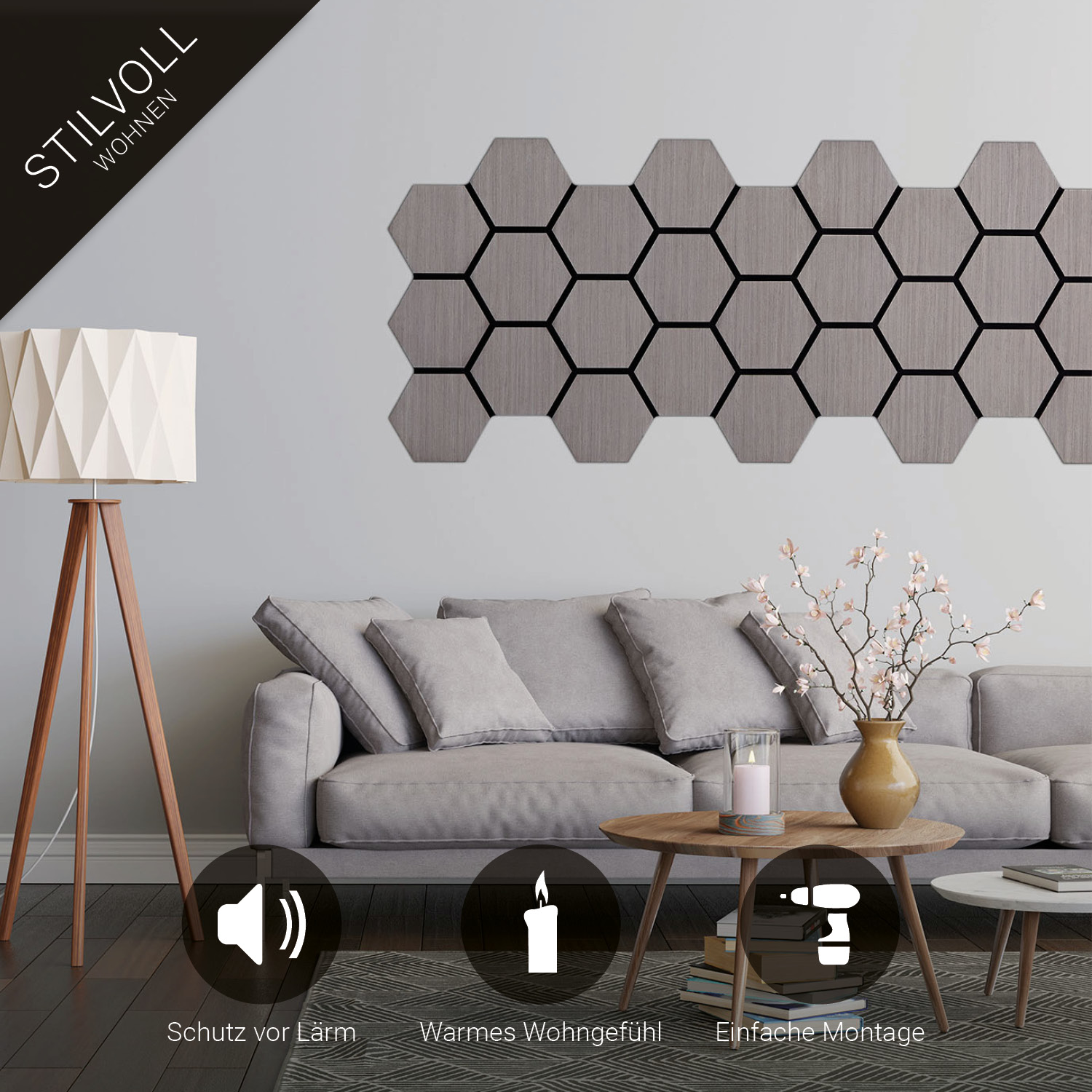 Acoustic Panels Wall Panels Hexagon Honeycomb 76 x 62 cm Gray | Wood | 4-piece Set | 3D