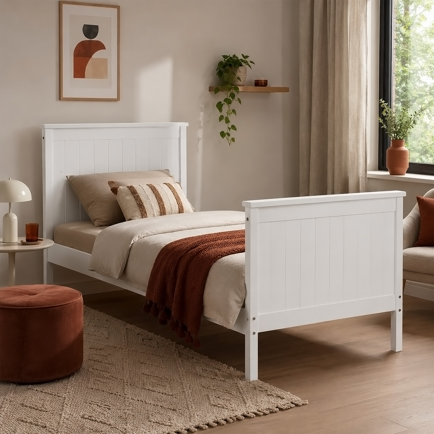 Wooden Bed 90x200 cm White | Single Bed | With Slatted Base | Country Style | Children's, Teen, or Guest Bedroom