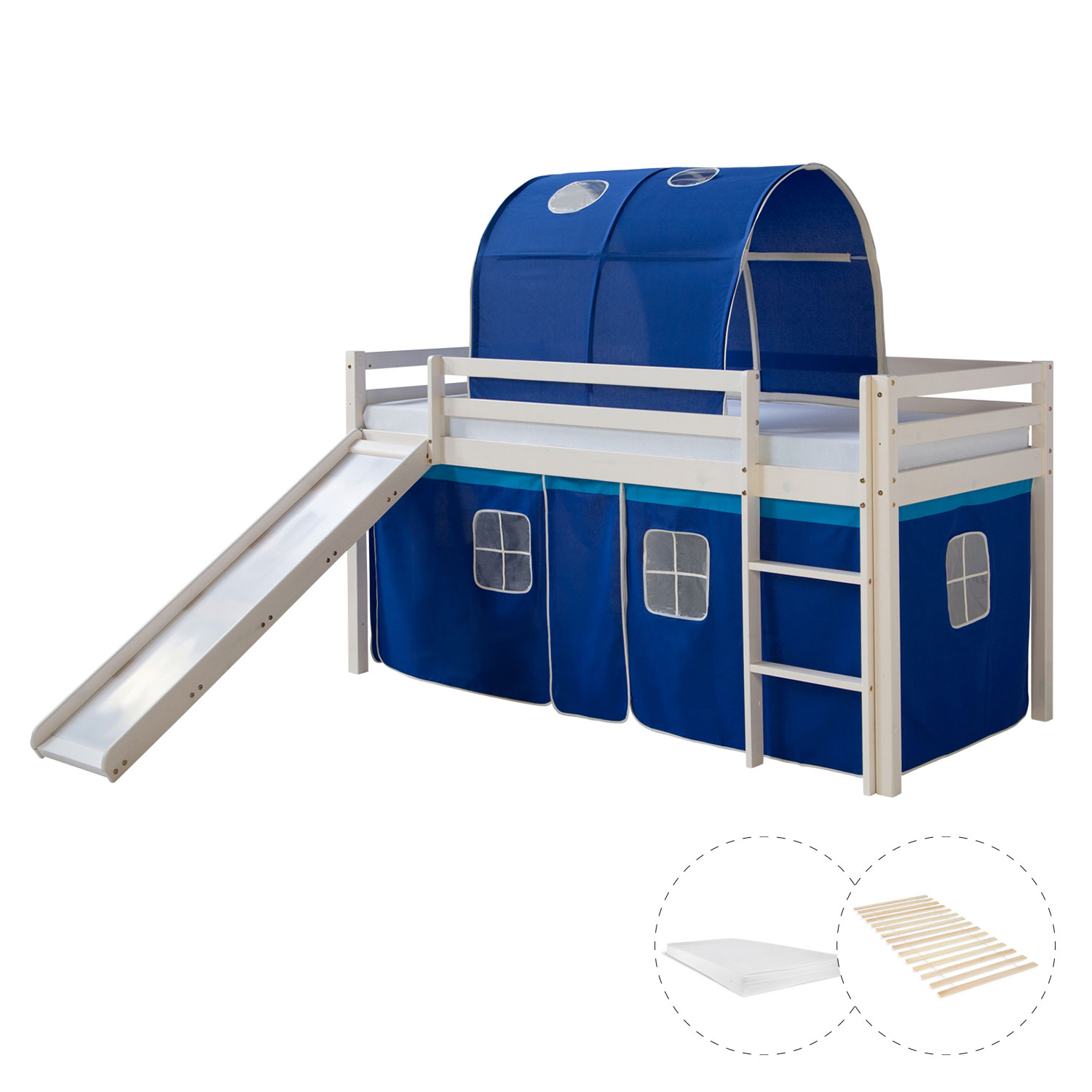 Loftbed with Mattress 90x200 cm Slide Bunk bed Childrens bed Solid Pine Wood Curtain Tunnel Blue Slatts
