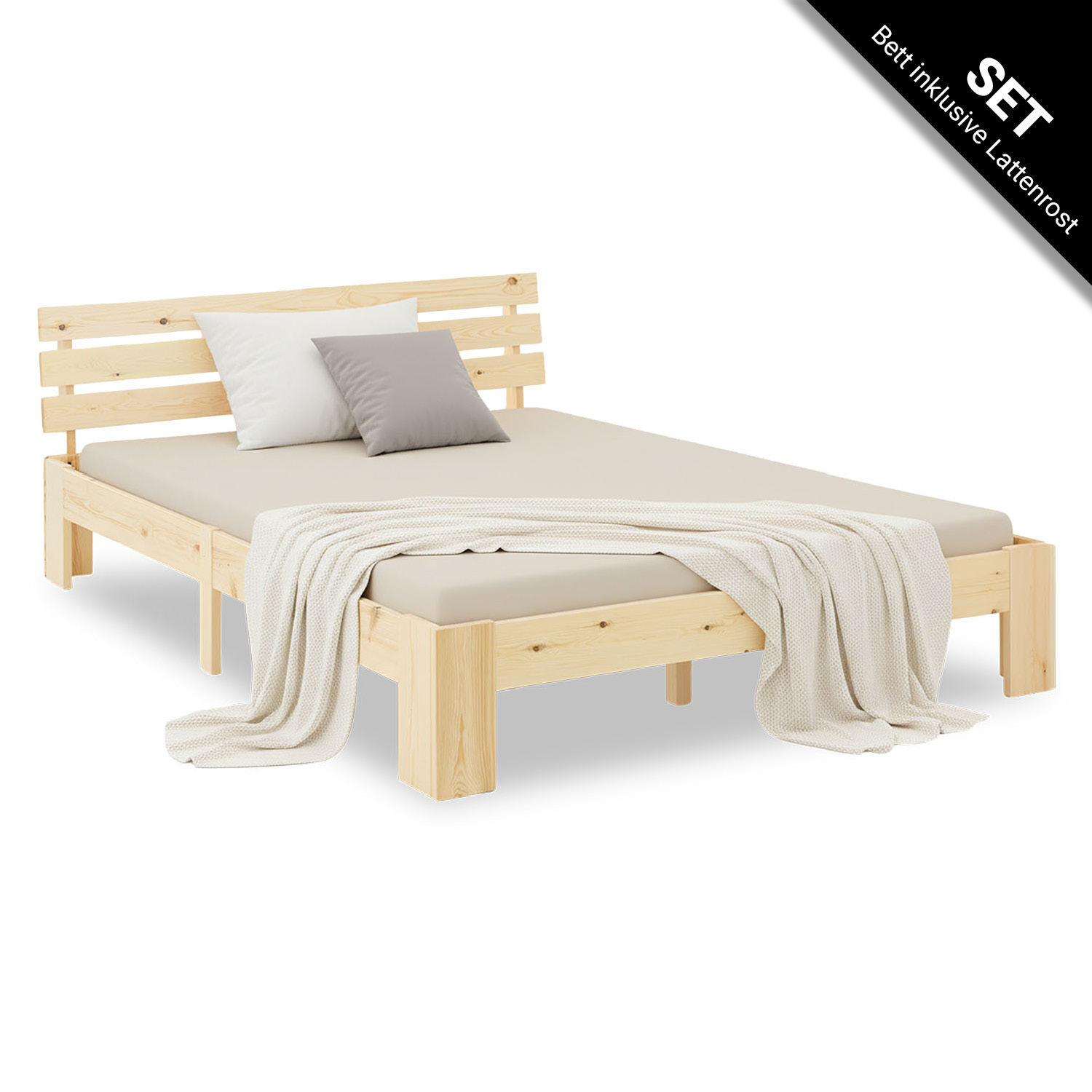 Double Bed with Mattress and Slatted Frame 120x200 Bed Nature Solid Pine Wooden Bed Futon Bed