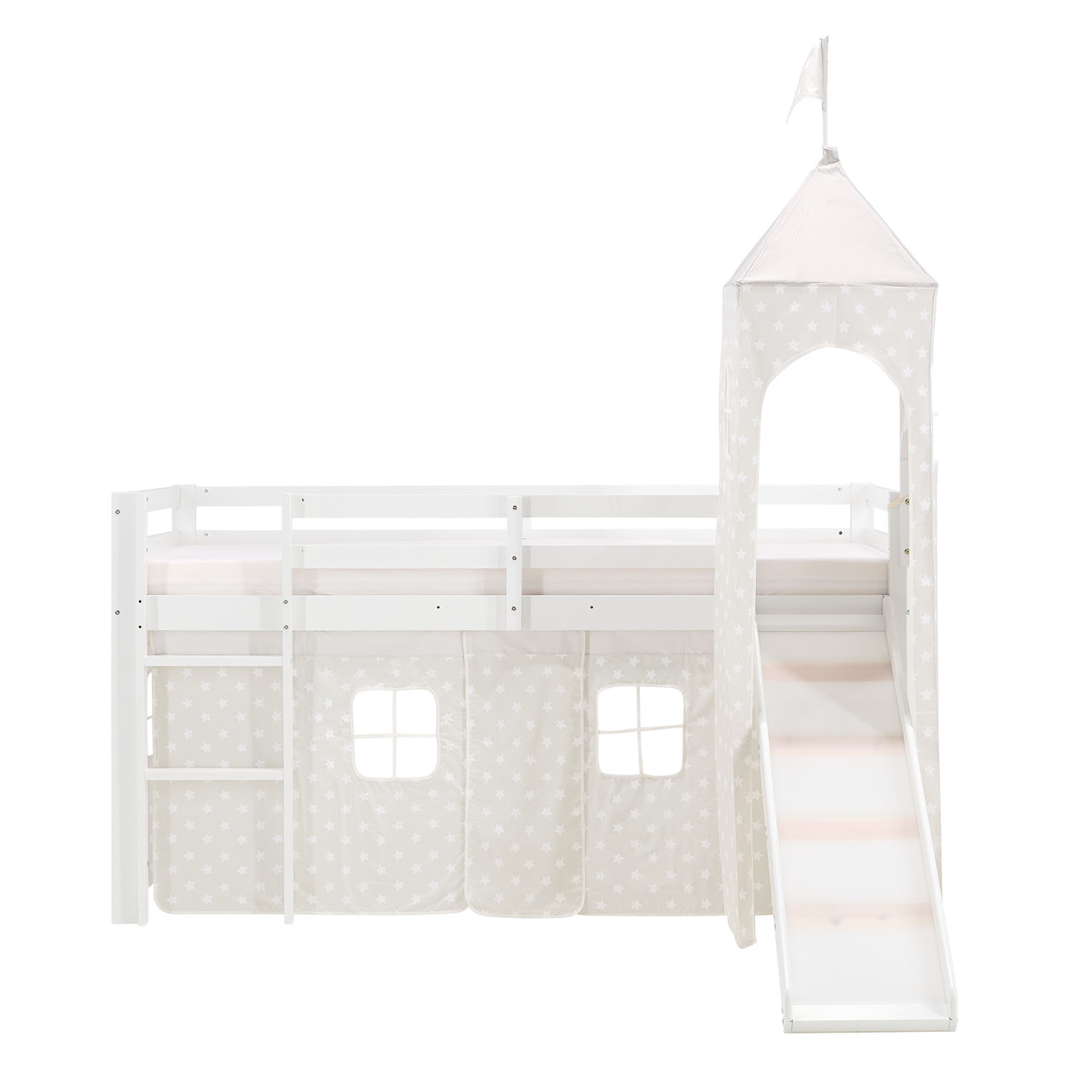Children's Loft Bed 90x200 cm White with Star Curtain | Tower | Slide | Includes Slatted Base | Includes Mattress