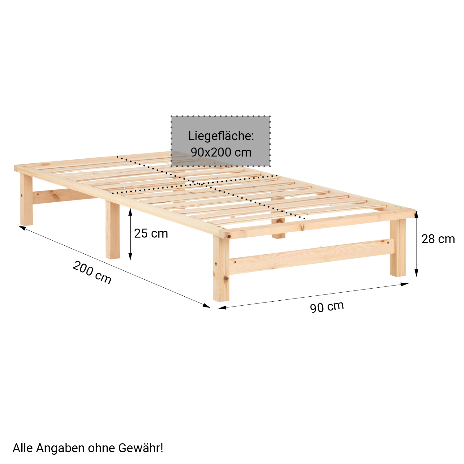 90x200 cm Natural Pallet Bed – Single Wooden Bed with Slatted Base