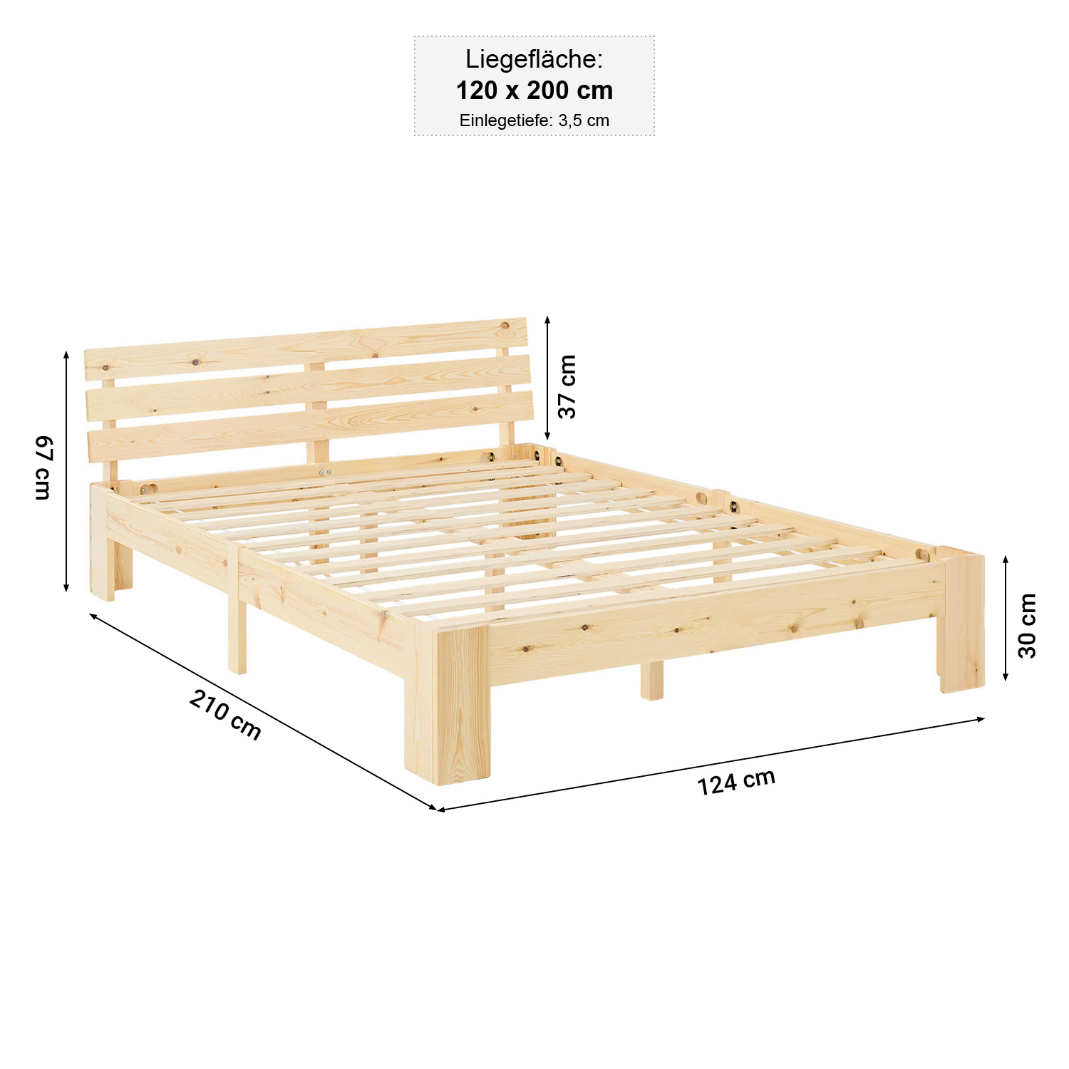 Double Bed with Mattress and Slatted Frame 120x200 Bed Nature Solid Pine Wooden Bed Futon Bed