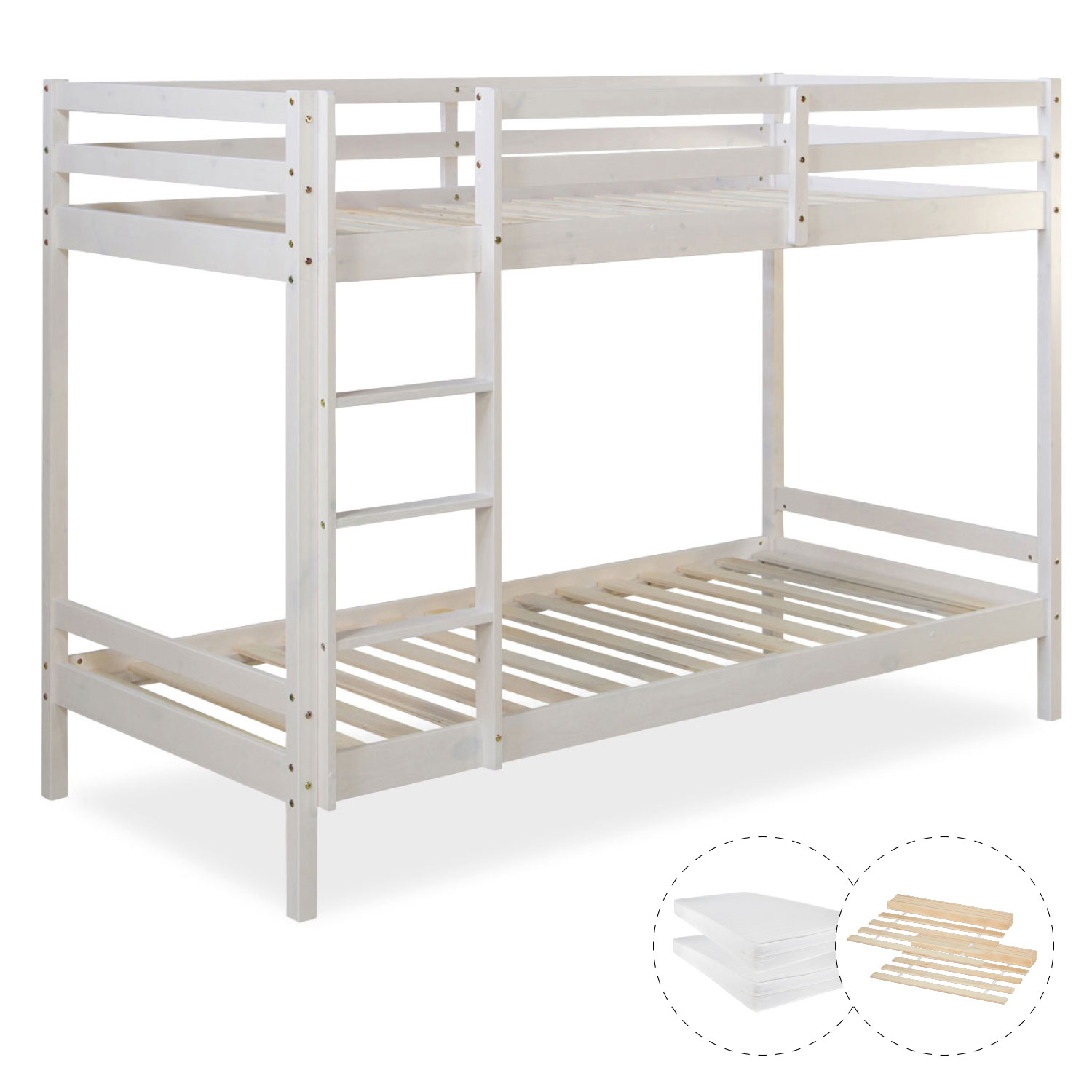 Bunk bed with 2 matresses Children bed 90x200 cm wooden Kids bed High sleeper White Slats