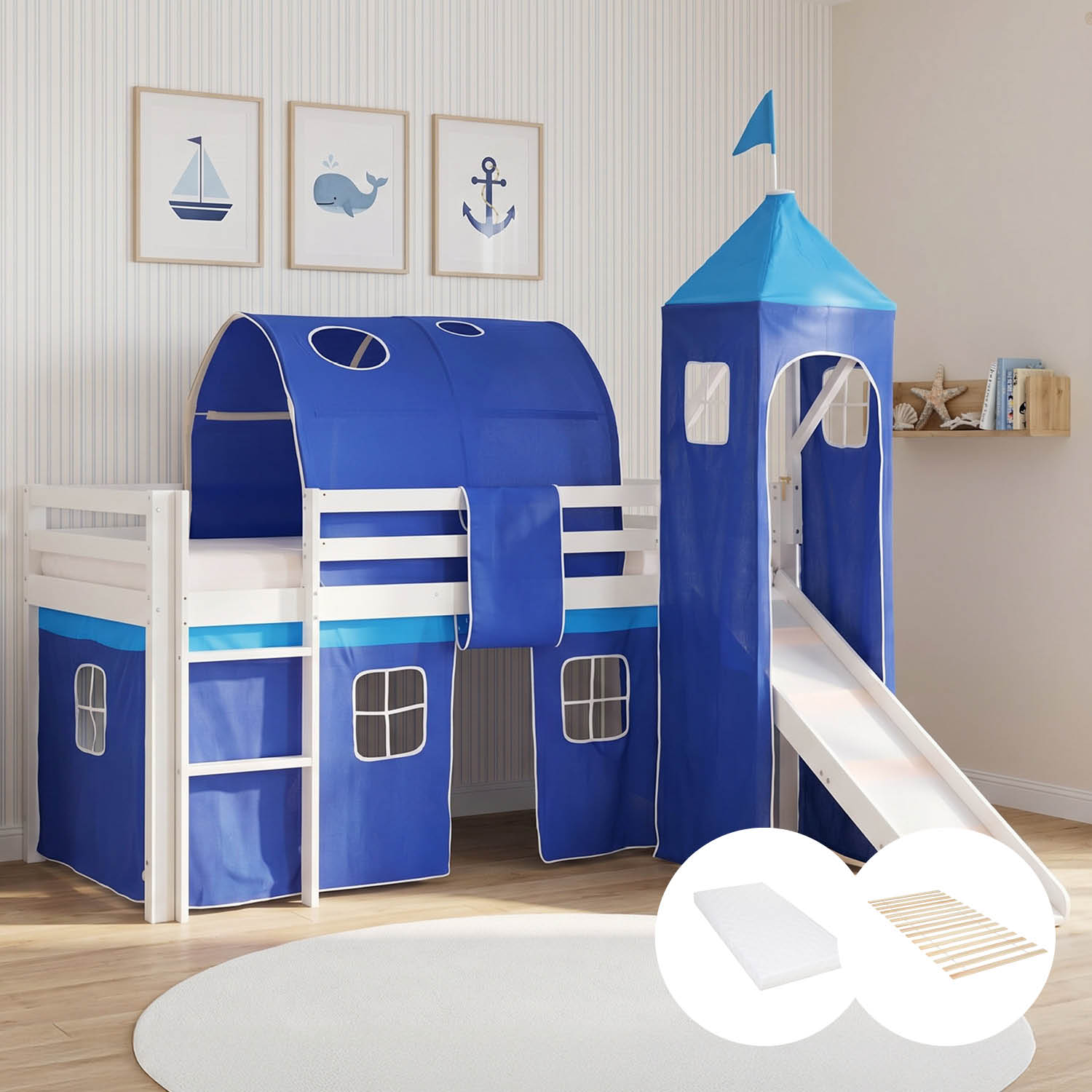 Children's Loft Bed 90x200 cm White with Blue Curtain | Slide | Tower | Tunnel | With Slatted Base | With Mattress