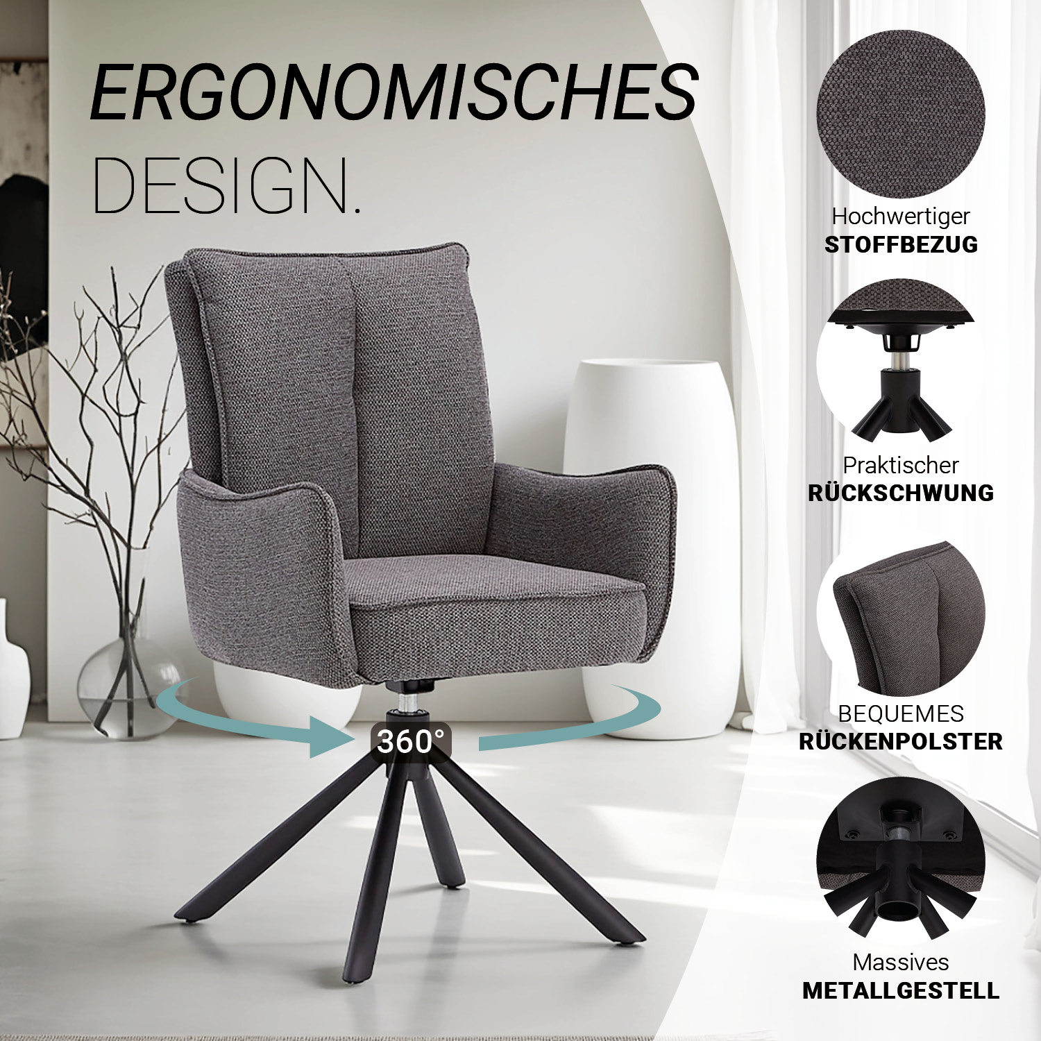 6-piece dining set: swivel upholstered chairs in anthracite with armrests & brown dining table (200 x 100 cm) with metal frame