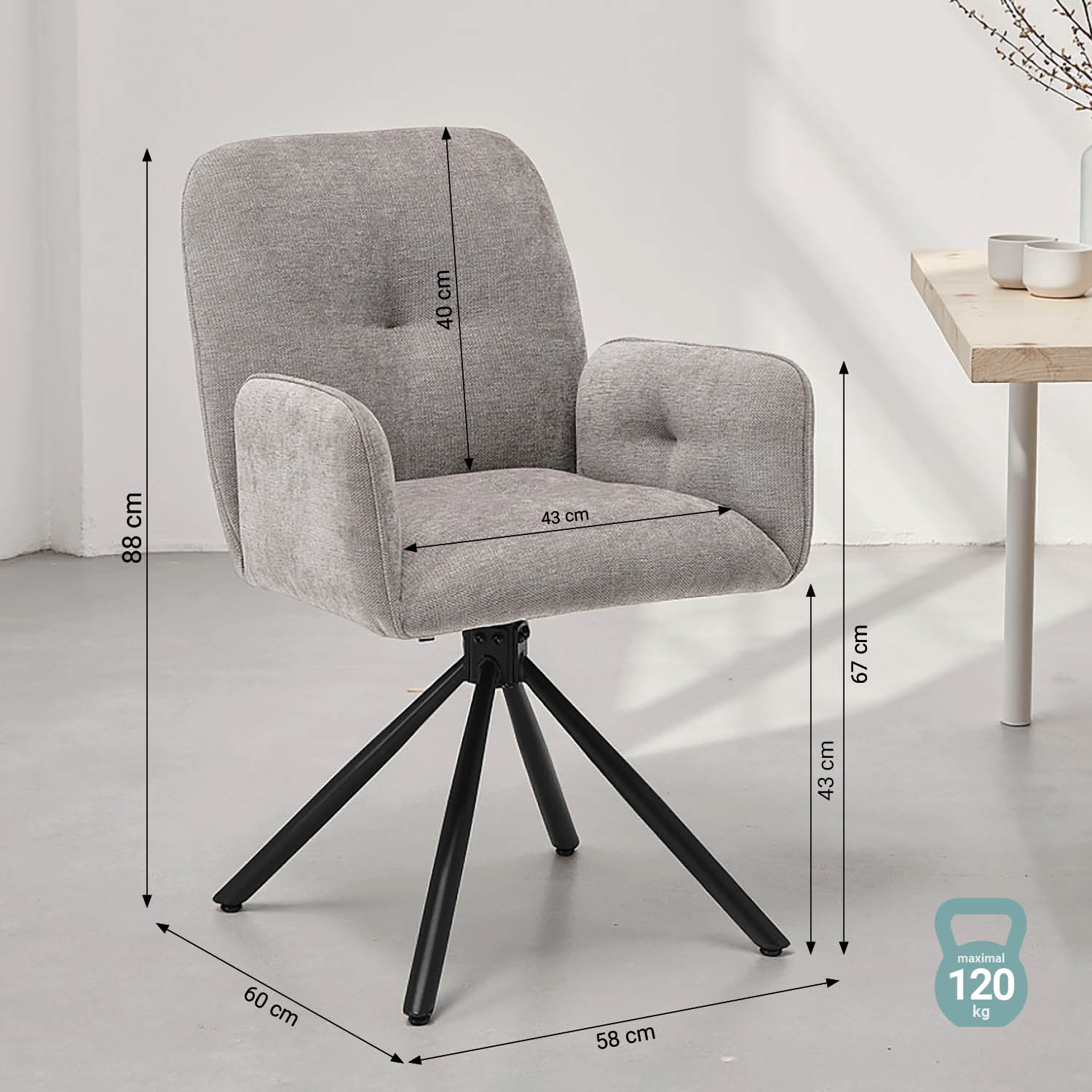 Polsterstuhl Stoff Grau 4er Set – Esszimmerstühle mit Armlehnen & schwarzem Metallgestell, drehbar Essstuhl