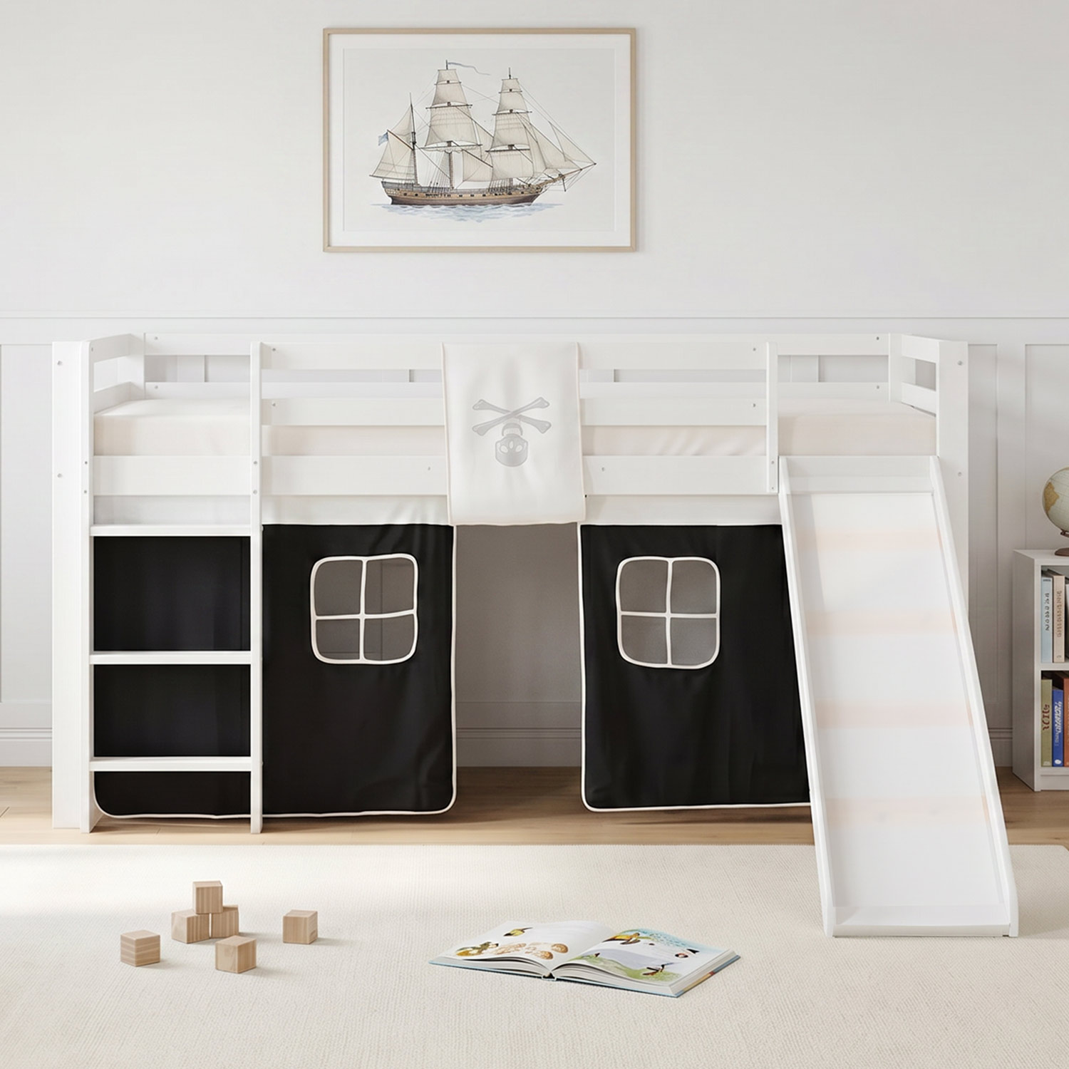 Children's Loft Bed 90x200 cm White with Black Curtain | Slide | Includes Slatted Base | Includes Mattress | Pirate | For Boys