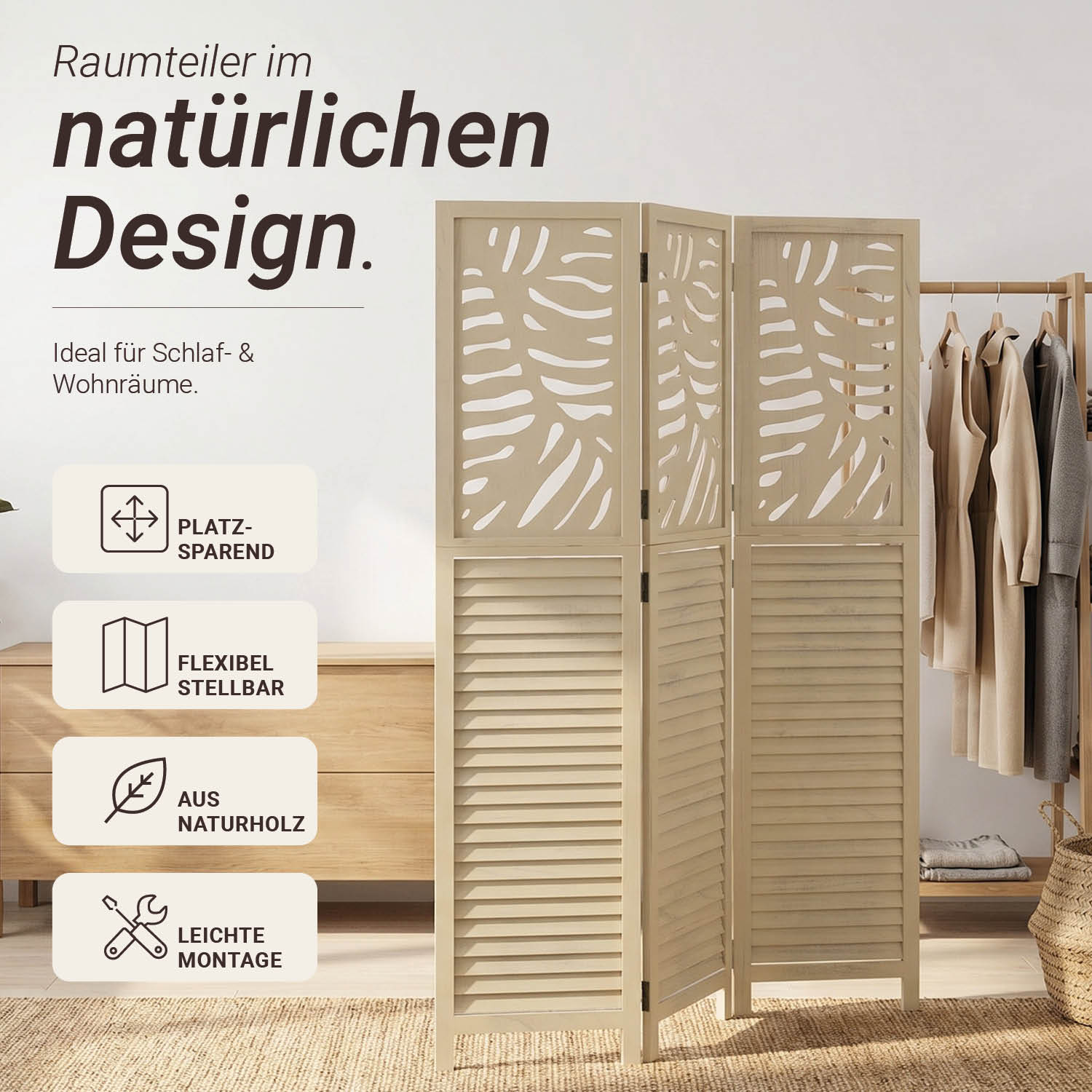 3-Panel "Natur" Folding Screen – Wooden Room Divider with Rattan Look & Pattern