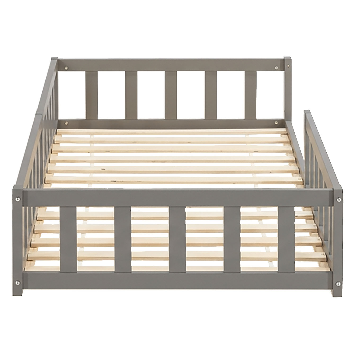 Children's Bed 90x200 Grey | Floor Bed with Slatted Frame | with Fall Protection | Montessori