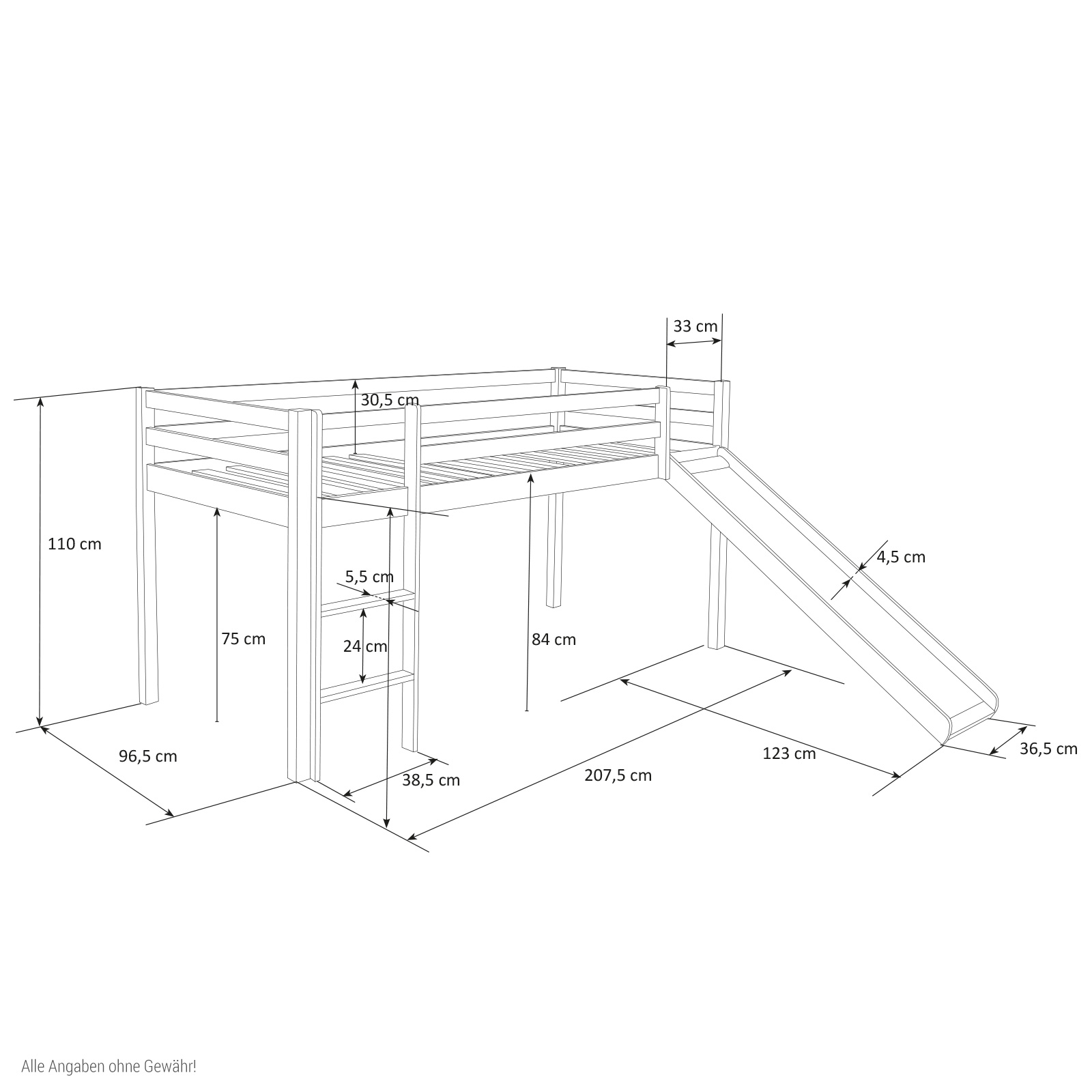 Loftbed 90x200 cm Grey Bunk bed Childrens bed Solid Pine Wood Tower Tunnel Curtain Stars Slide Mattress Slats
