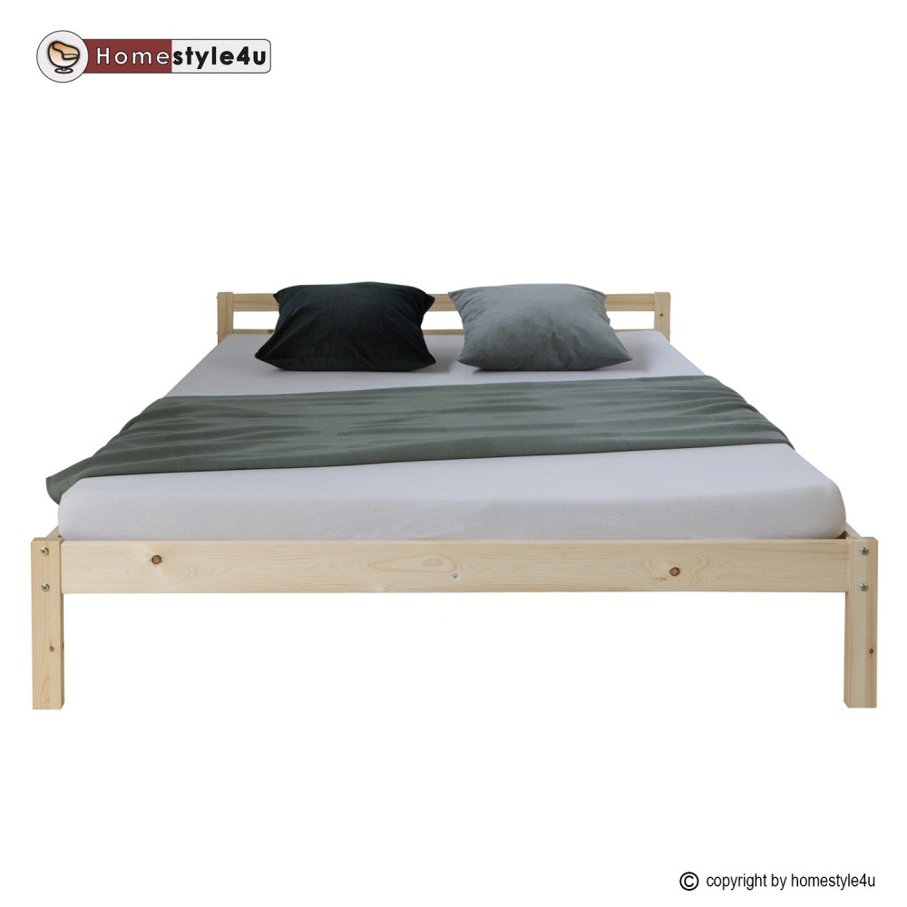Wooden Bed 140x200 cm Natural – Solid Wood Double Bed with Slatted Base for Teenagers' Rooms, Guest Rooms, and Bedrooms