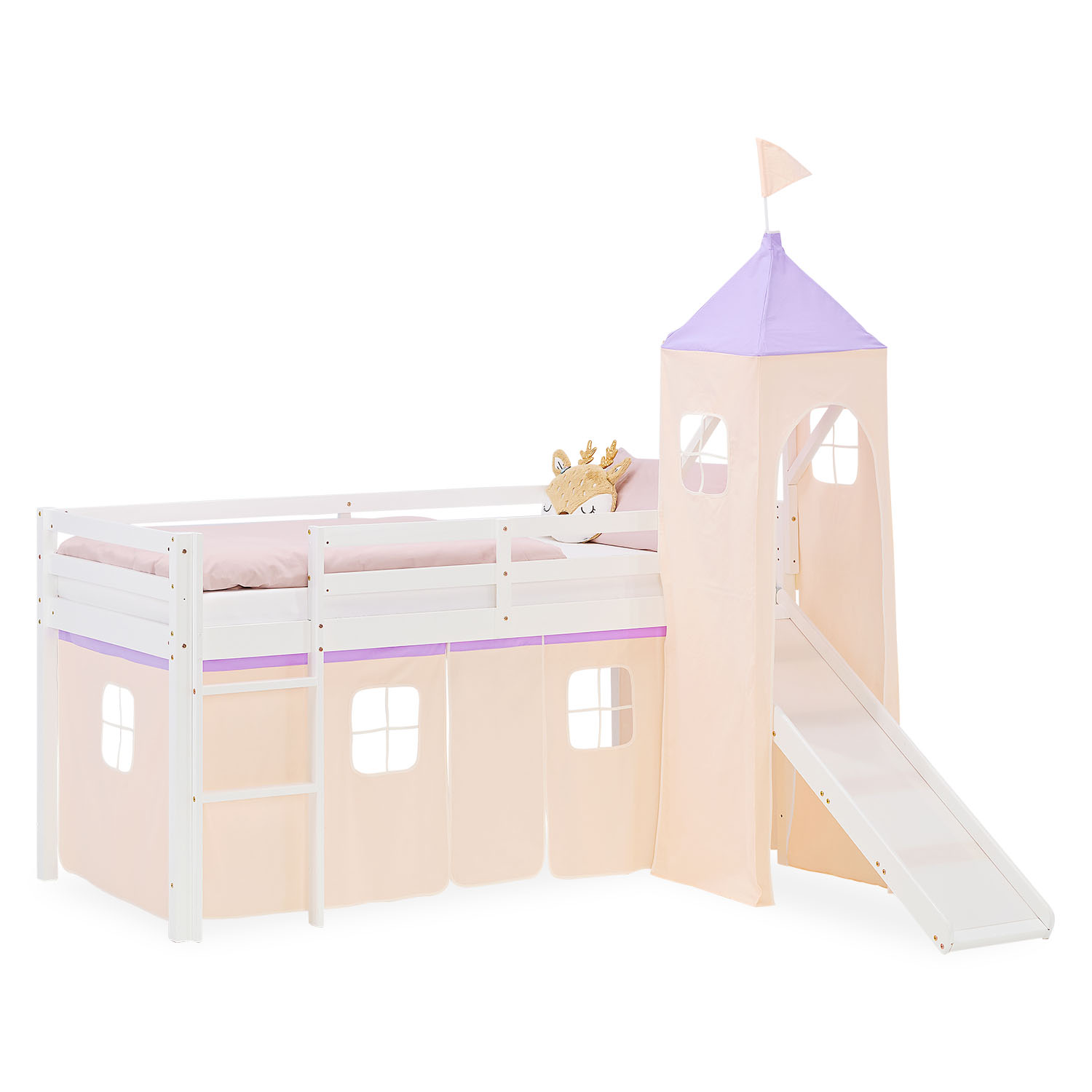 Hochbett Kinder 90x200 cm Kinderbett Kinderhochbett Stockbett Tunnel Vorhang Turm Lila Beige Rutsche Holz Massiv Lattenrost Matratze