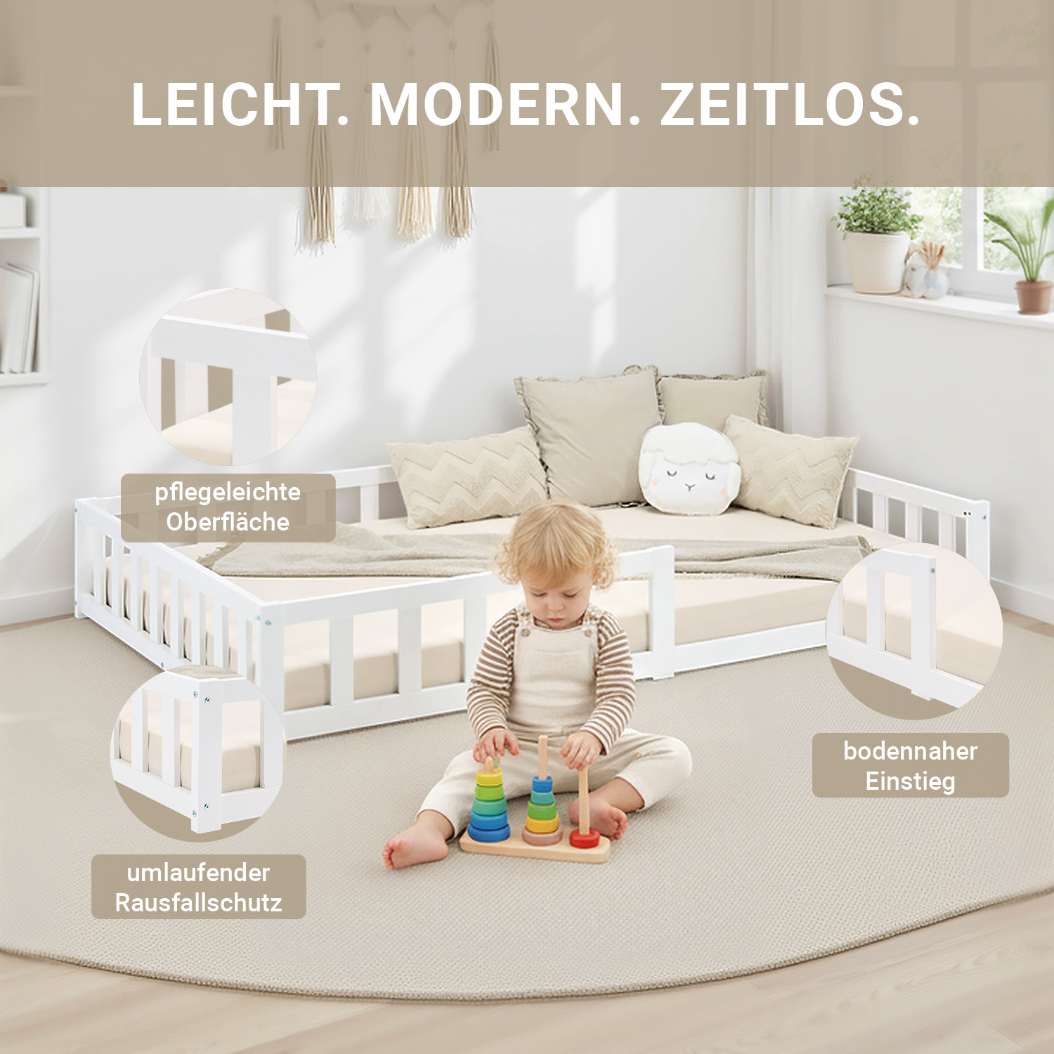 Children's Bed 120x200 White | Floor Bed with Mattress & Slatted Frame | with Fall Protection | Montessori