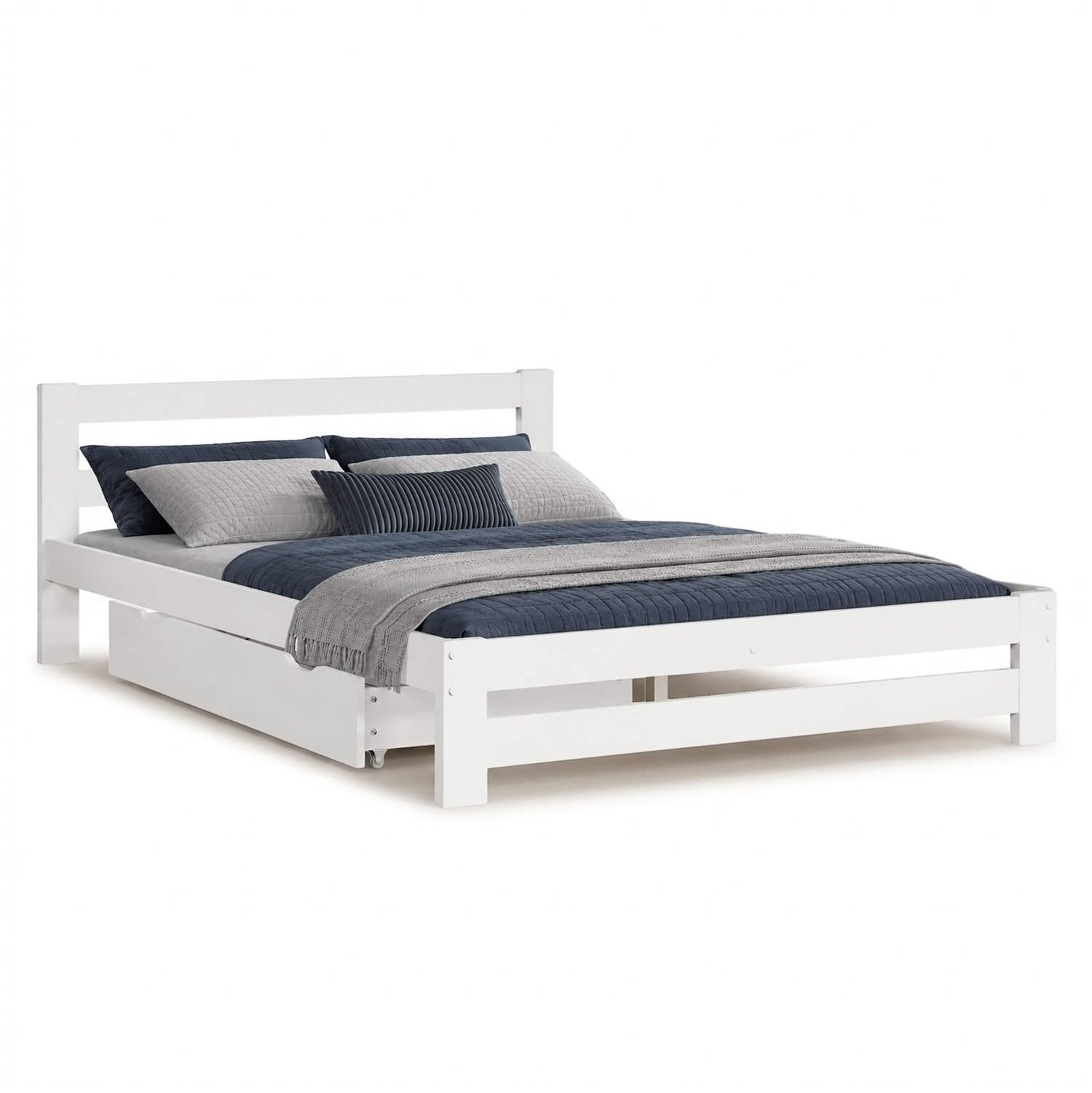 Wooden Bed 140x200 cm White – Solid Wood Double Bed with Storage & Slatted Base