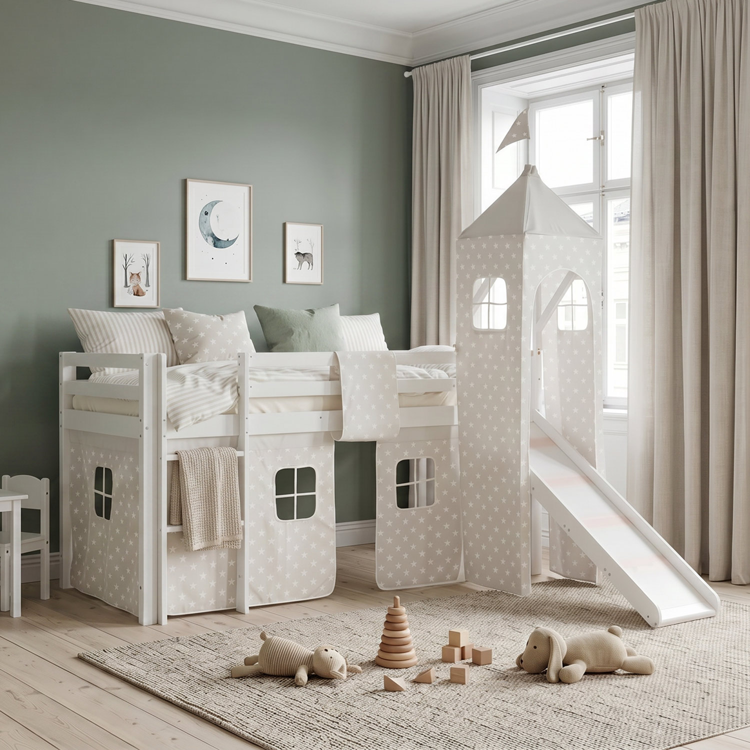 Children's Loft Bed 90x200 cm White with Star Curtain | Tower | Slide | Includes Slatted Base | Includes Mattress