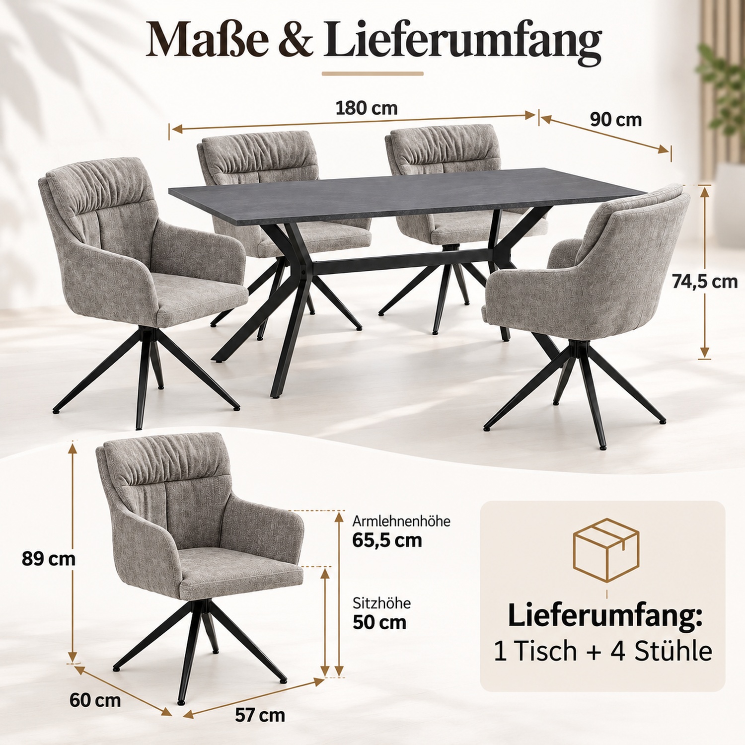 5-piece dining set: swivel upholstered chairs in gray with armrests & anthracite dining table (180 x 90 cm) with metal frame