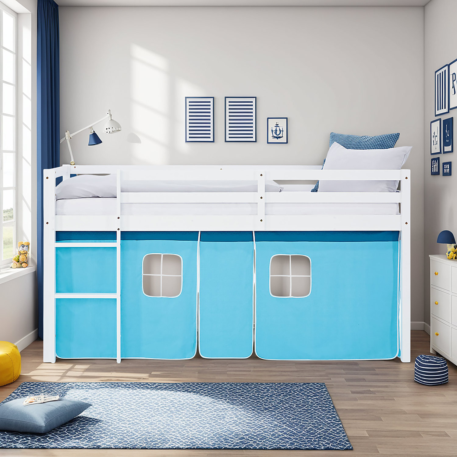 Children's Loft Bed 90x200 cm White with Blue Curtain | Includes Slatted Base