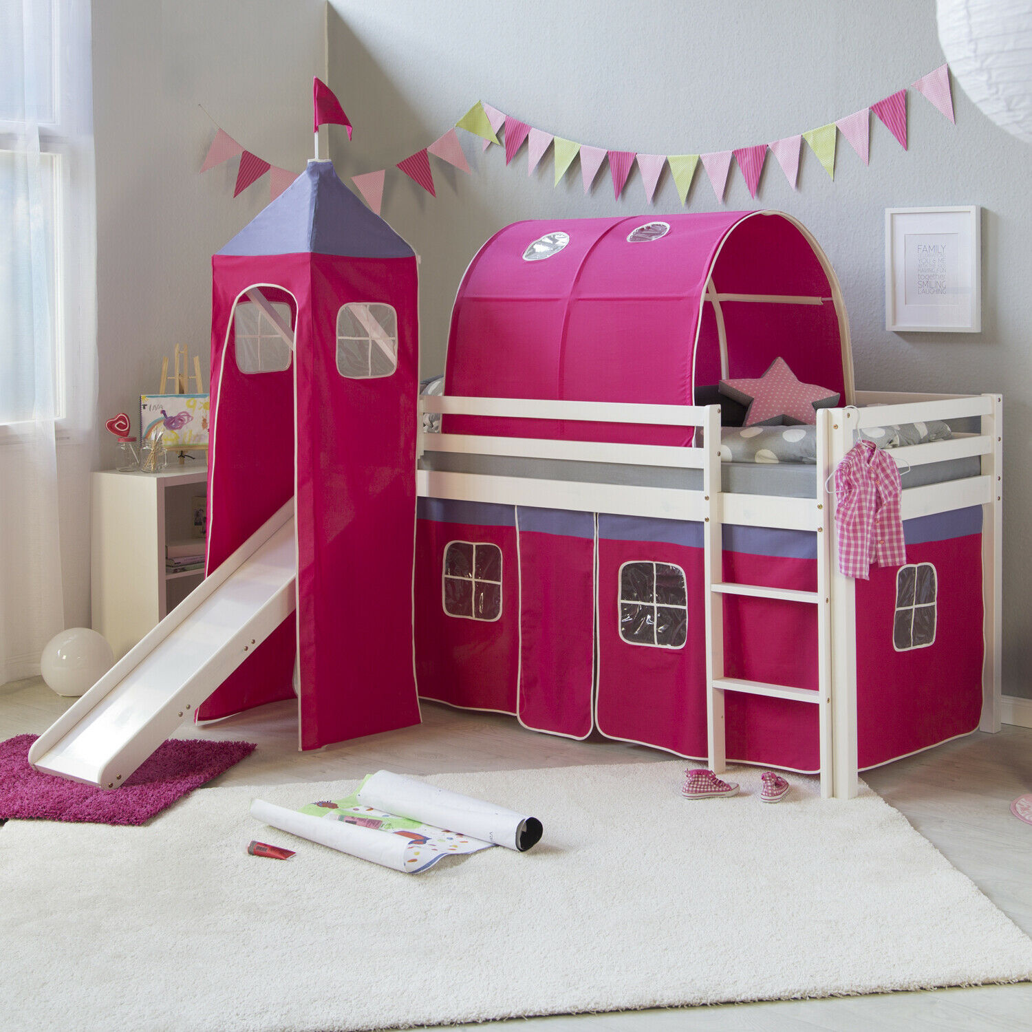 Loft Bed Kids 90x200 cm White with Curtain in Pink | Tunnel | Tower | Slide | without Slatted Frame Loft Bed Kids 90x200 cm White with Curtain in Pink | Tunnel | Tower | Slide | without Slatted Frame