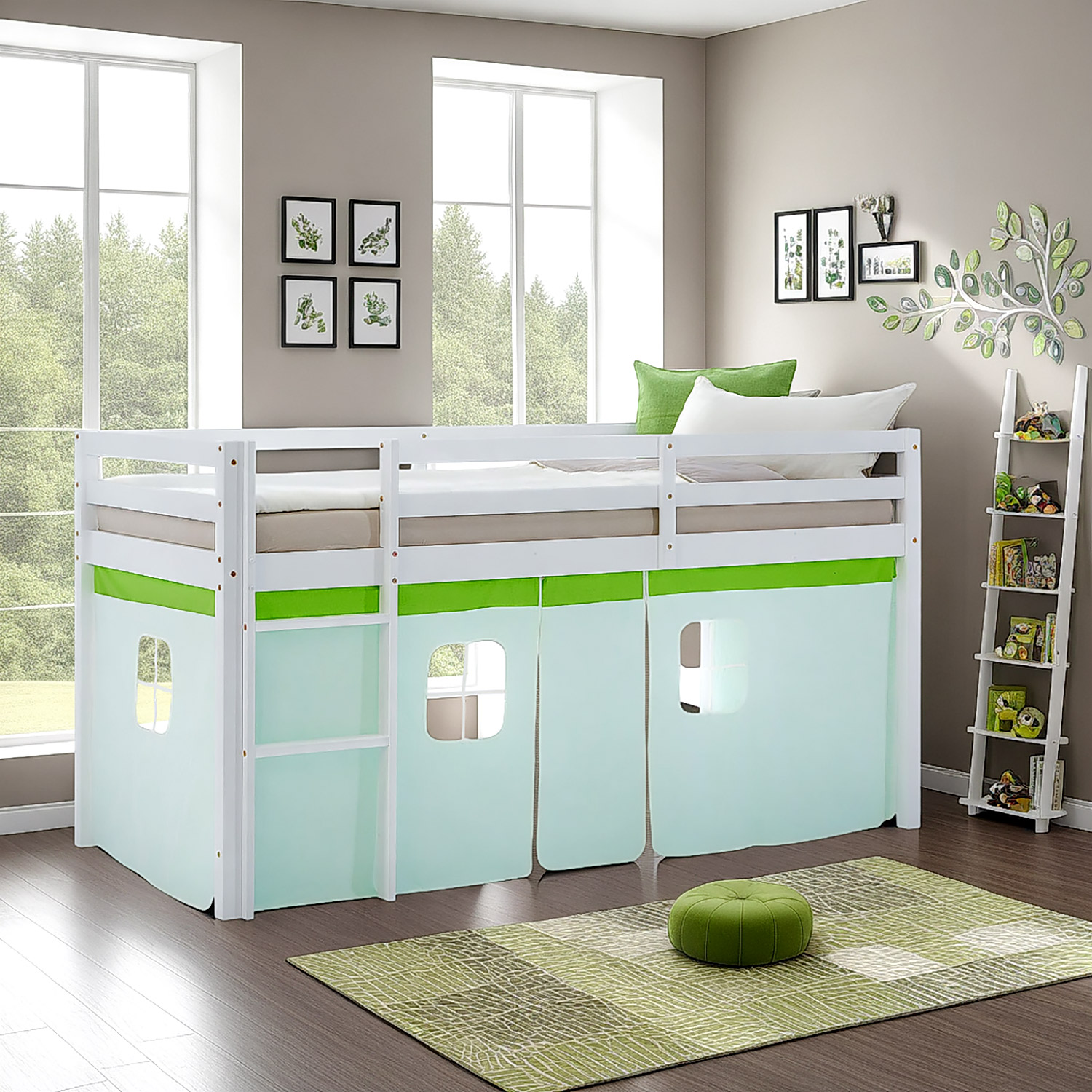Hochbett Kinder 90x200 cm Kinderbett Kinderhochbett Stockbett Tunnel Vorhang Turm Grün Rutsche Holz Massiv Lattenrost Matratze