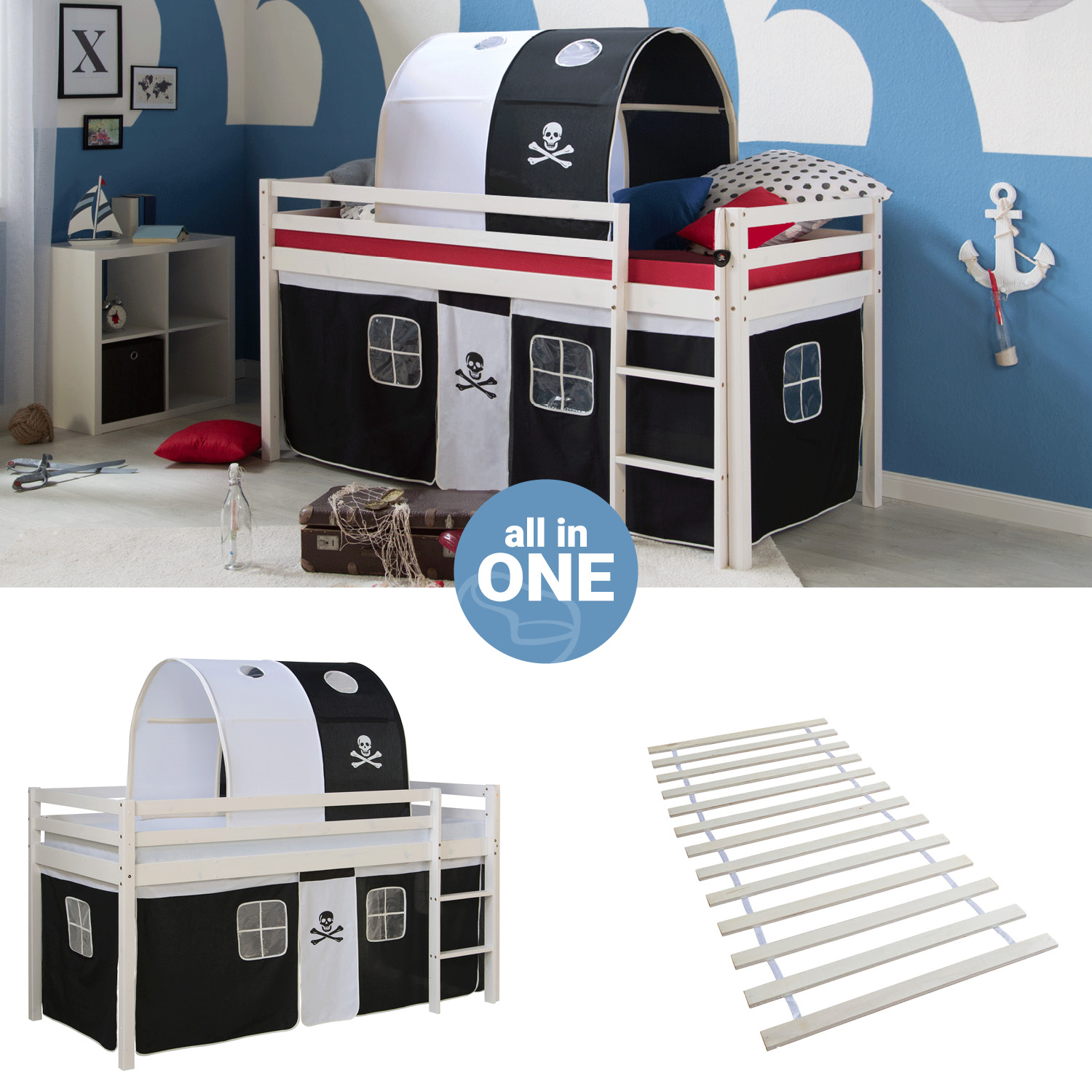 Loft Bed Kids 90x200 cm White with Curtain in Black | Tunnel | with Slatted Frame