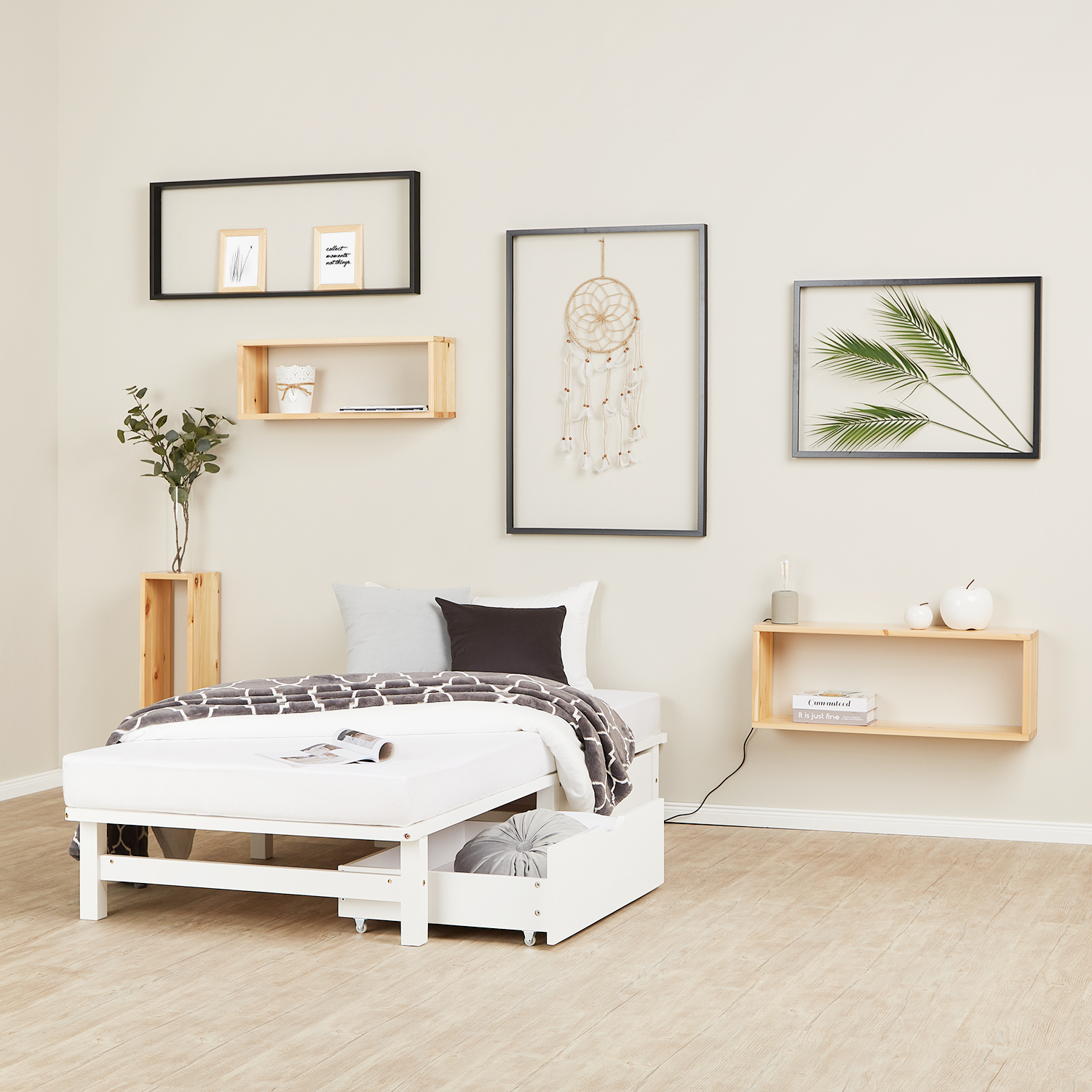 Palettenbett 90x200 cm mit Lattenrost und 2 Bettkästen Schubläden Massivholzbett Palettenmöbel Bett Holzbett 