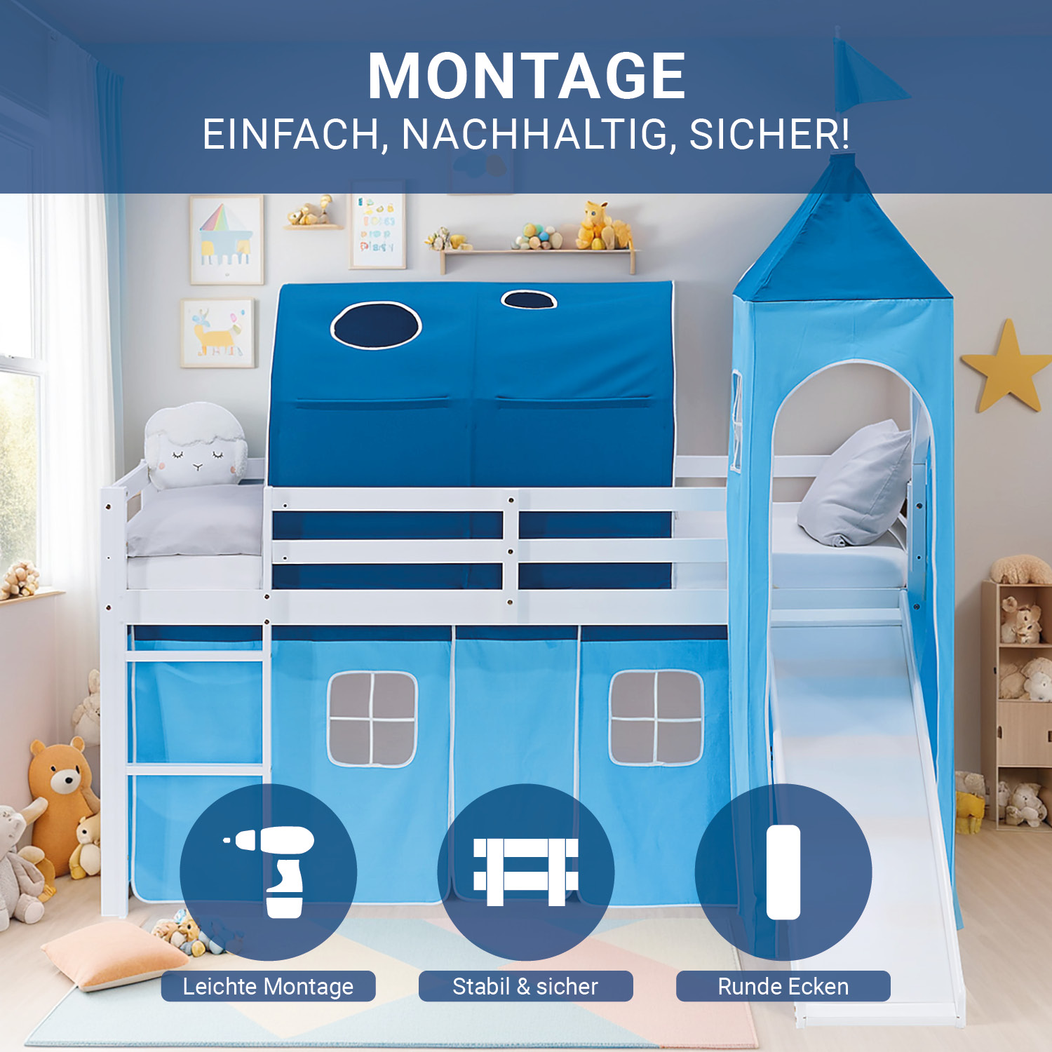 Loft Bed for Kids 90x200 cm White with Curtain in Blue | Slide | Tower | Tunnel | with Slatted Frame and Mattress
