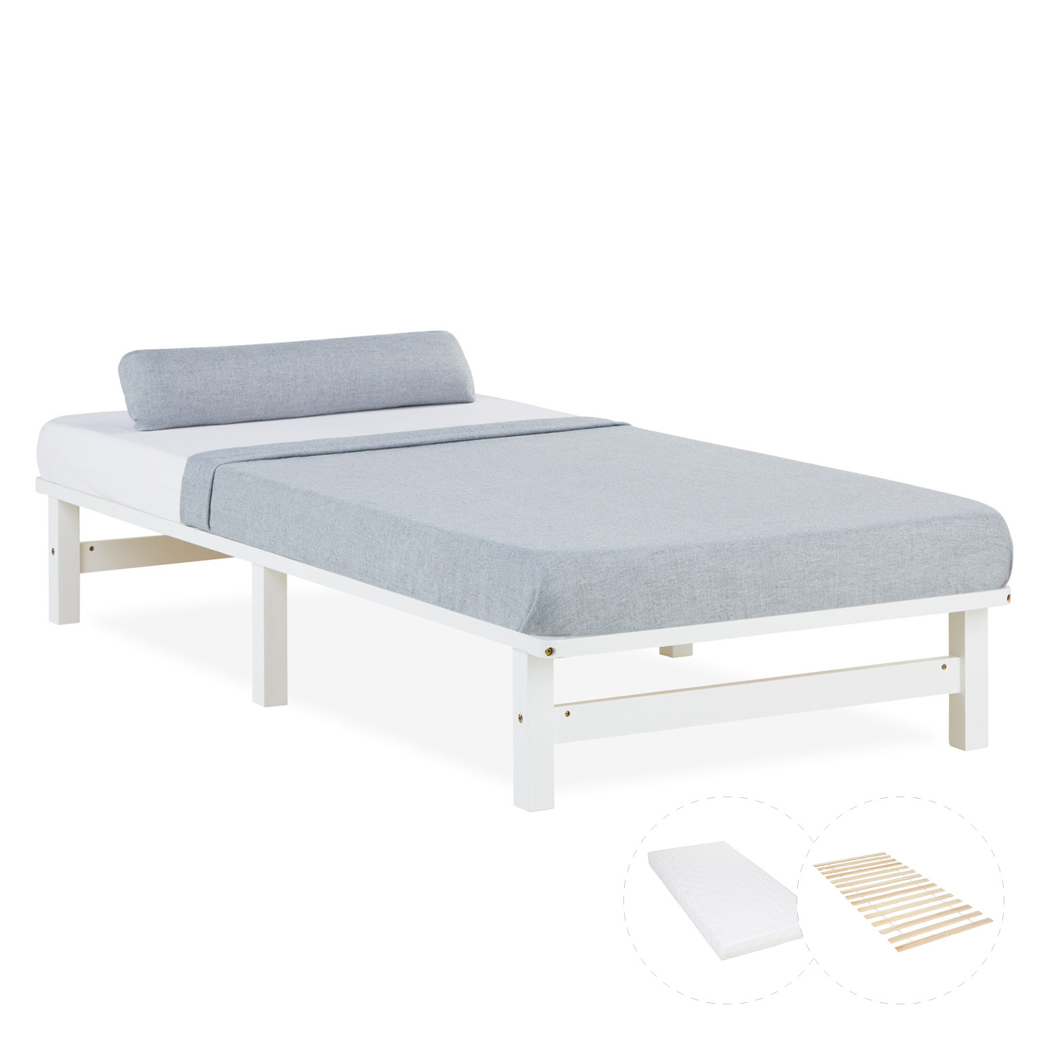 Einzelbett in Weiß mit Holzelementen und Matratze. Das niedrige Bett ist mit einer Matratze und einer länglichen Polsterrolle vor weißem Hintergrund abgebildet. Die offenen Rahmenseiten und die Beine sind sichtbar.