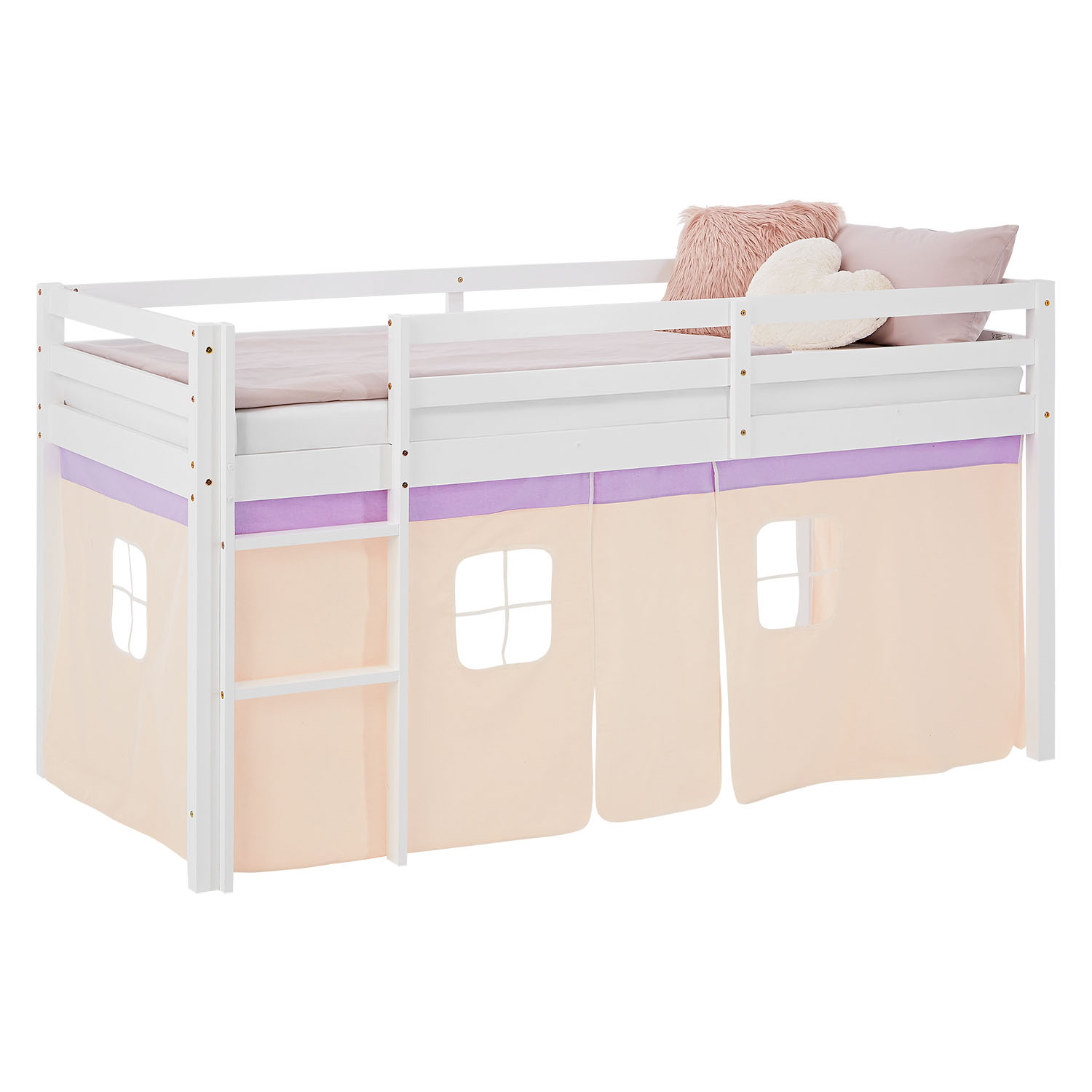 Children's Loft Bed, 90x200 cm, White with Purple-Beige Curtain | Without Slatted Base