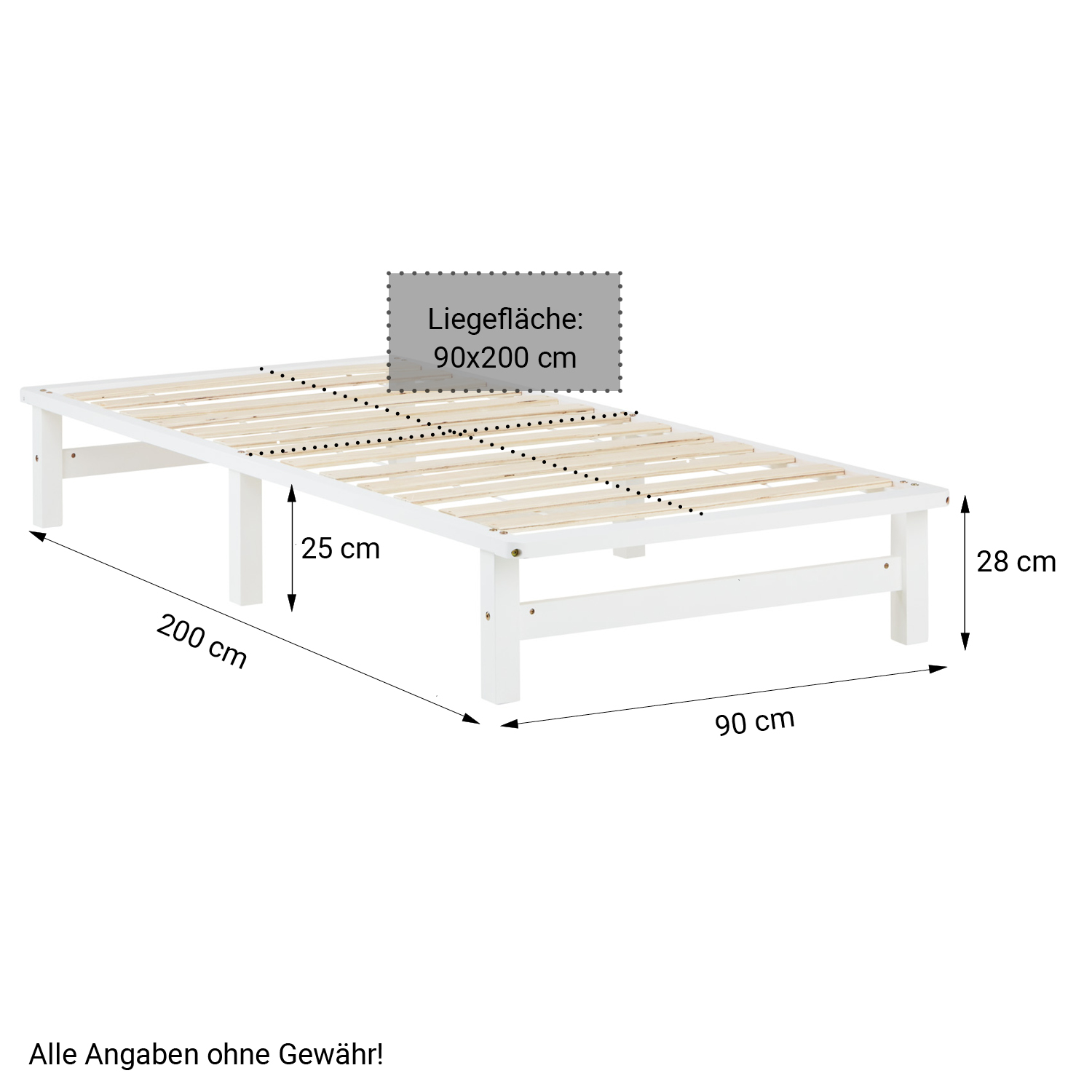 90x200 cm White Pallet Bed – Single Wooden Bed with Mattress & Slatted Base for Teen Rooms, Guest Rooms, and Bedrooms