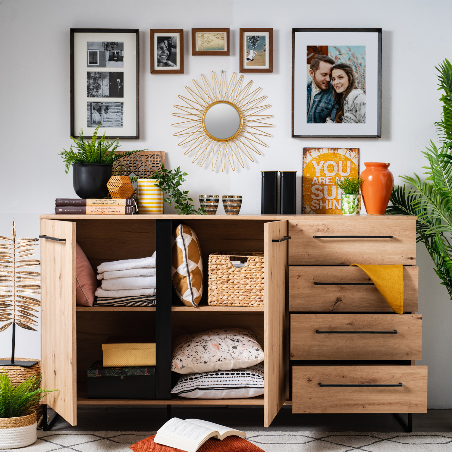 Sideboard Chest of Drawers Oak Cupboard Wood Oak Black Living Room Cabinet Industrial Look