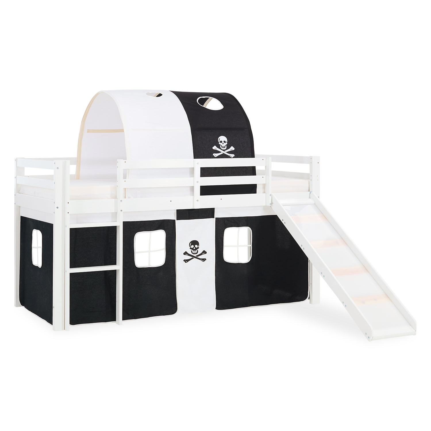 Loftbed 90x200 cm Bunk bed Childrens bed Solid Pine Wood Tower Tunnel Curtain Black Pirate Slide Mattress Slats