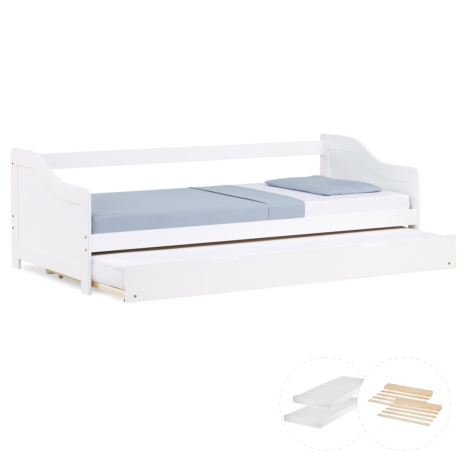 Wooden Bed 90x200 cm White | Pull-out | Bunk Bed | With Mattress | Pull-out Bed, Duo Bed, Functional Bed