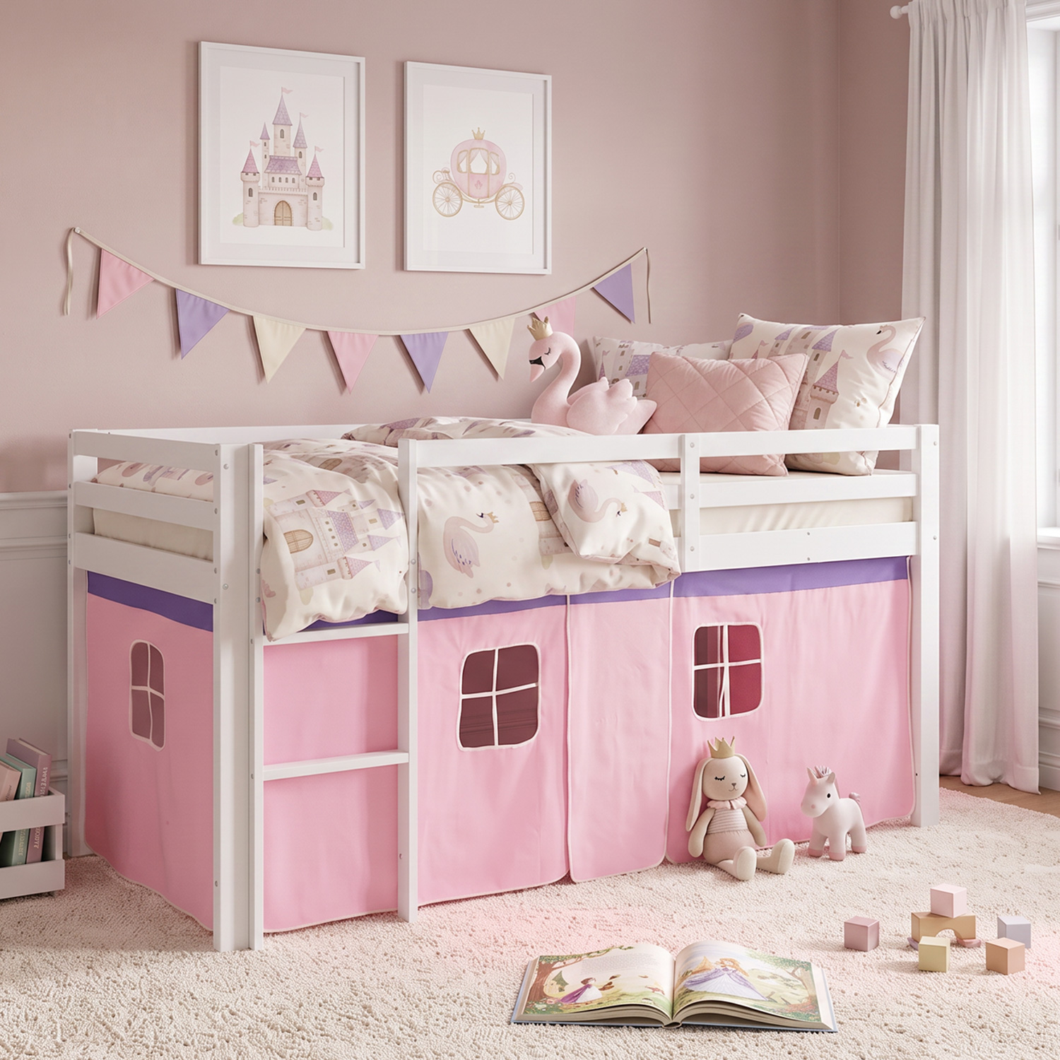 Children's Loft Bed, 90x200 cm, White with Pink Curtain | Without Slatted Base