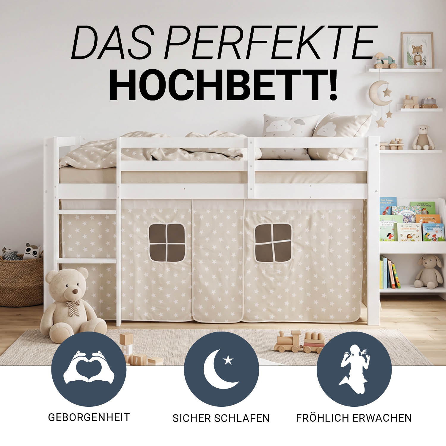 Children's Loft Bed 90x200 cm White with Star Curtain | Includes Slatted Base