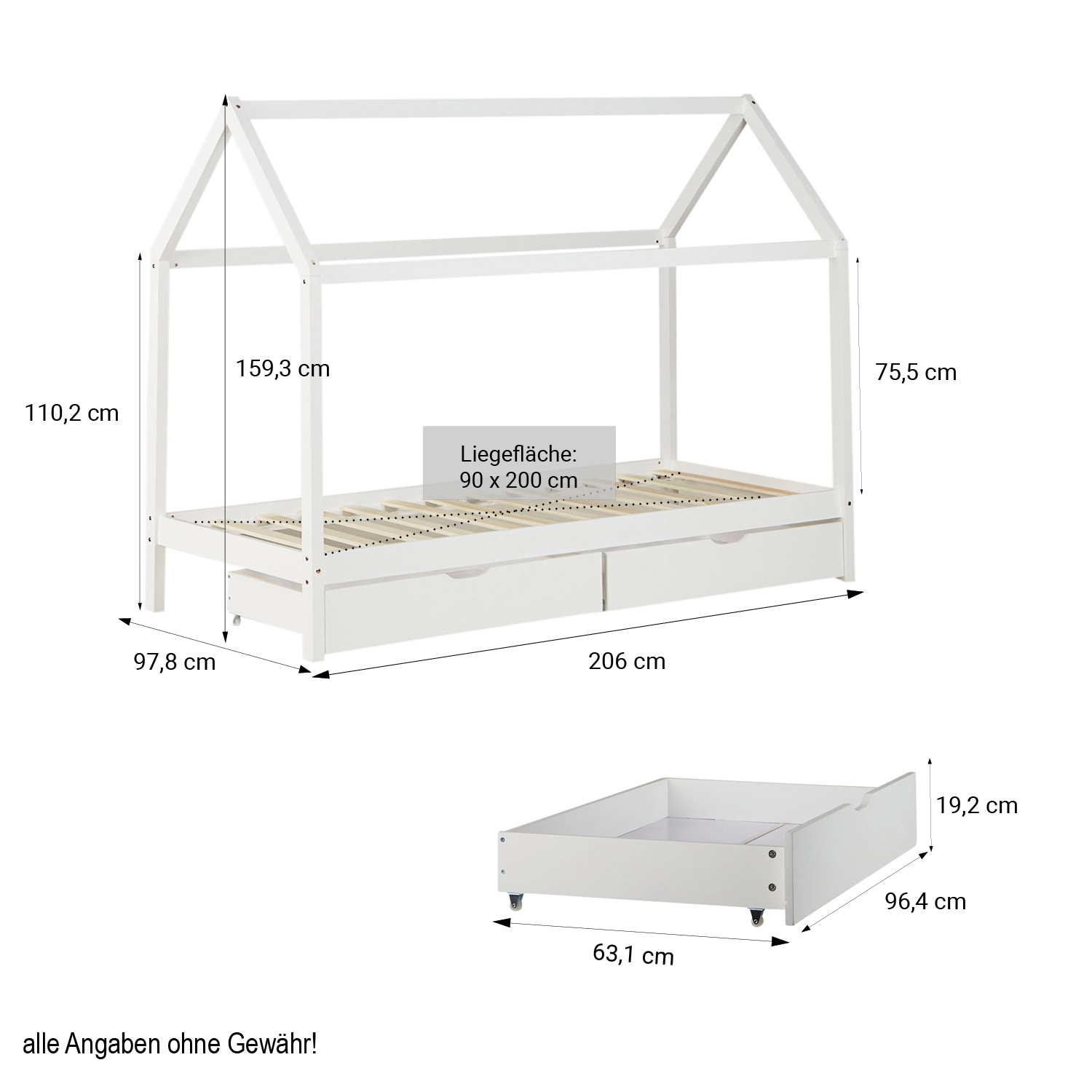Children's Bed 90x200 cm White | House Bed with Drawers | Single Bed | with Slatted Frame | Wood