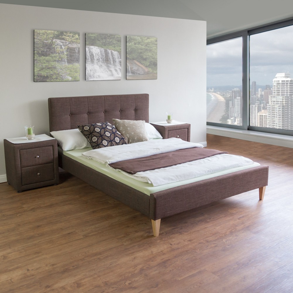 Upholstered bed 140x200 cm brown | futon bed | with slatted frame | double fabric bed frame