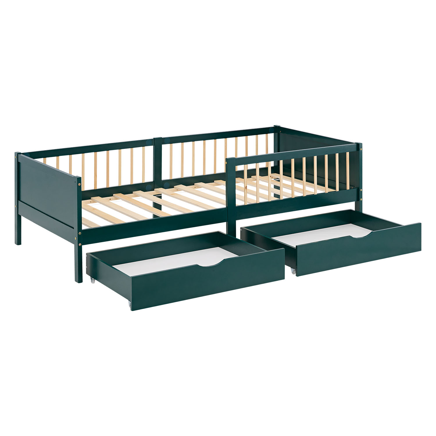 Children's Bed 90x200 cm Green | Wooden bed with 2 drawers | Single Bed | with Slatted Frame | Fall Protection