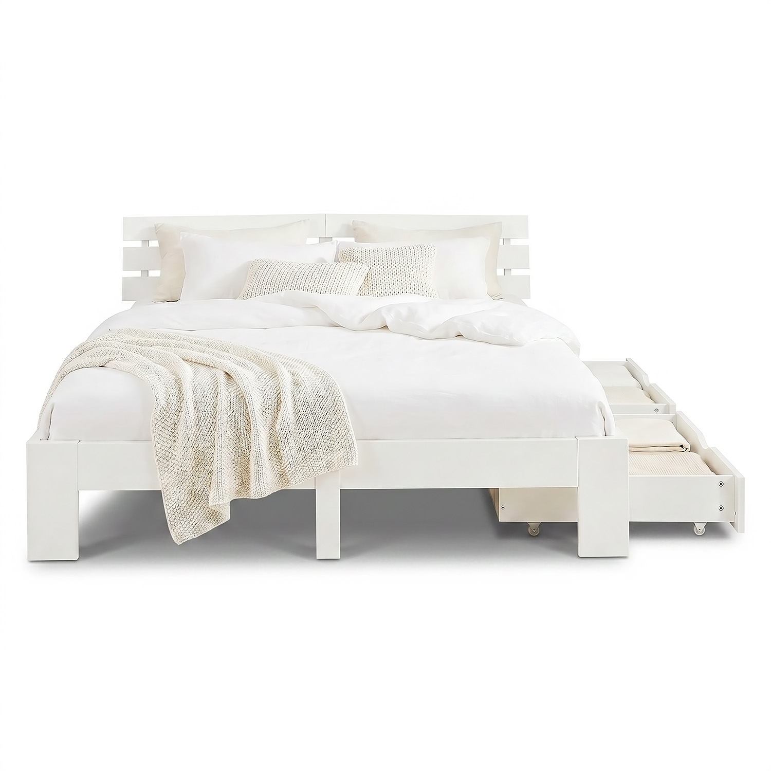 Wood Bed 160x200 cm White | Double Bed with Storage 2 Drawers | with Mattress | Solid | Youth Guest Bedroom