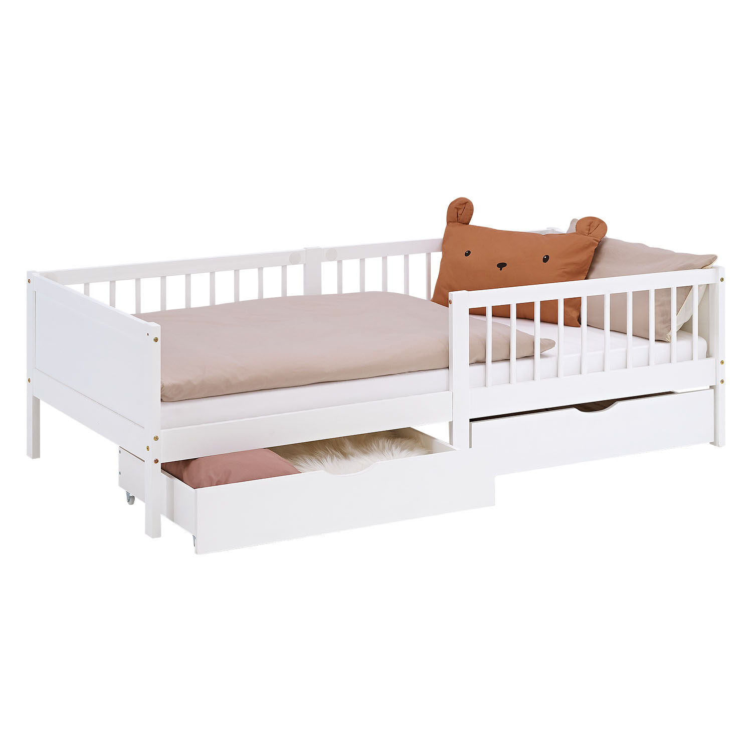 Children's bed 90x200 cm 2 bed drawers Fall-out protection White Green Wooden bed Single bed Crib Wooden bed frame Mattress